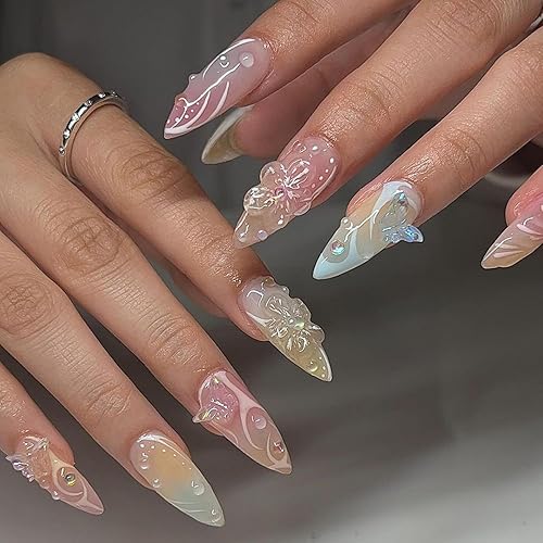 Almond Press on Nails Medium Fake Nails 3d Colorful Design