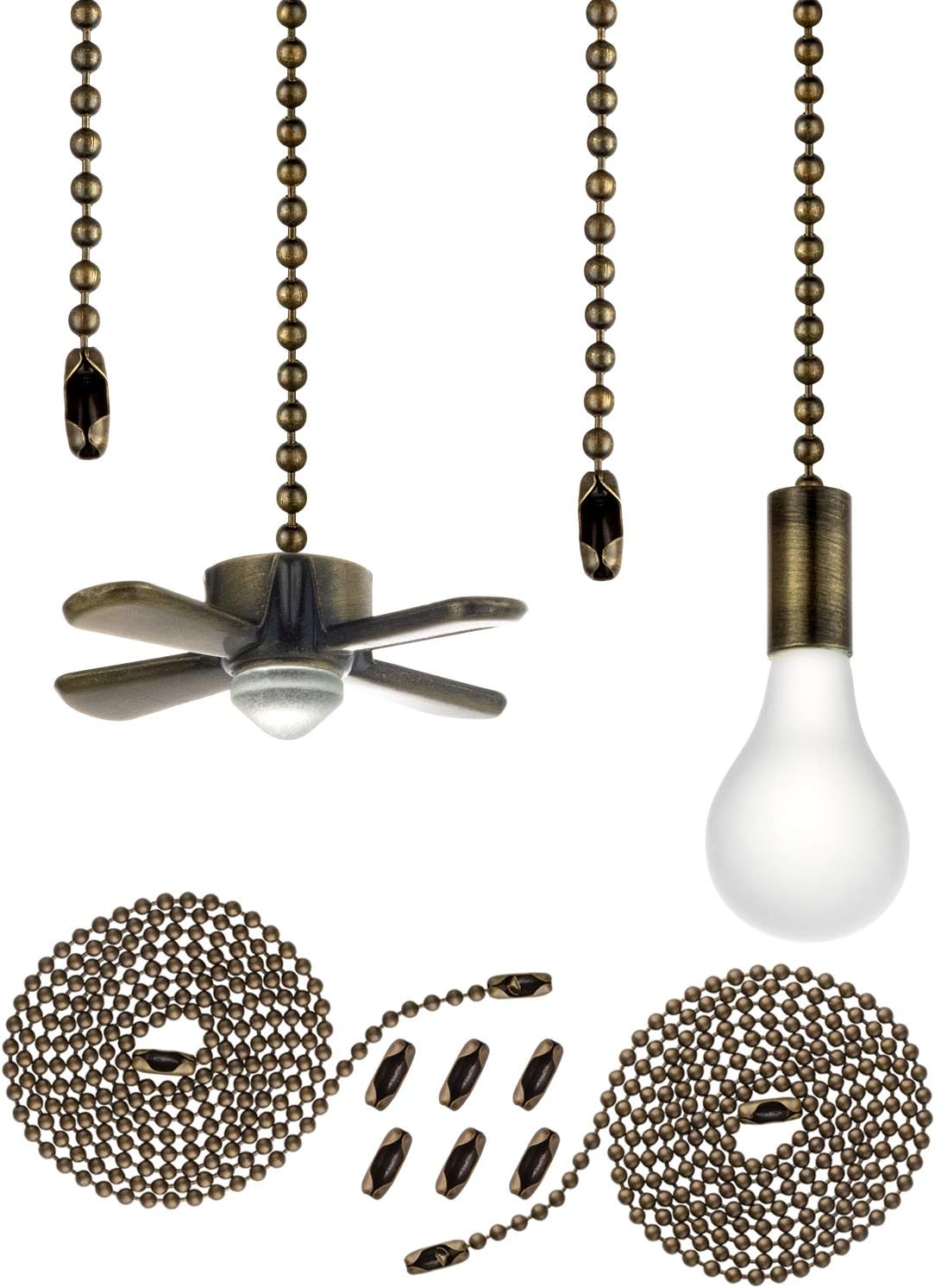 Ceiling Fan Pull Chain Set 2 Pieces - Antique Brass,Fan and Light Bulb Shaped Pendant with 12 Inches Beaded Ball Pull Chain,Extra 6 Free Matching Connectors，2 Pcs 35.4 inches Pull Chain Extension