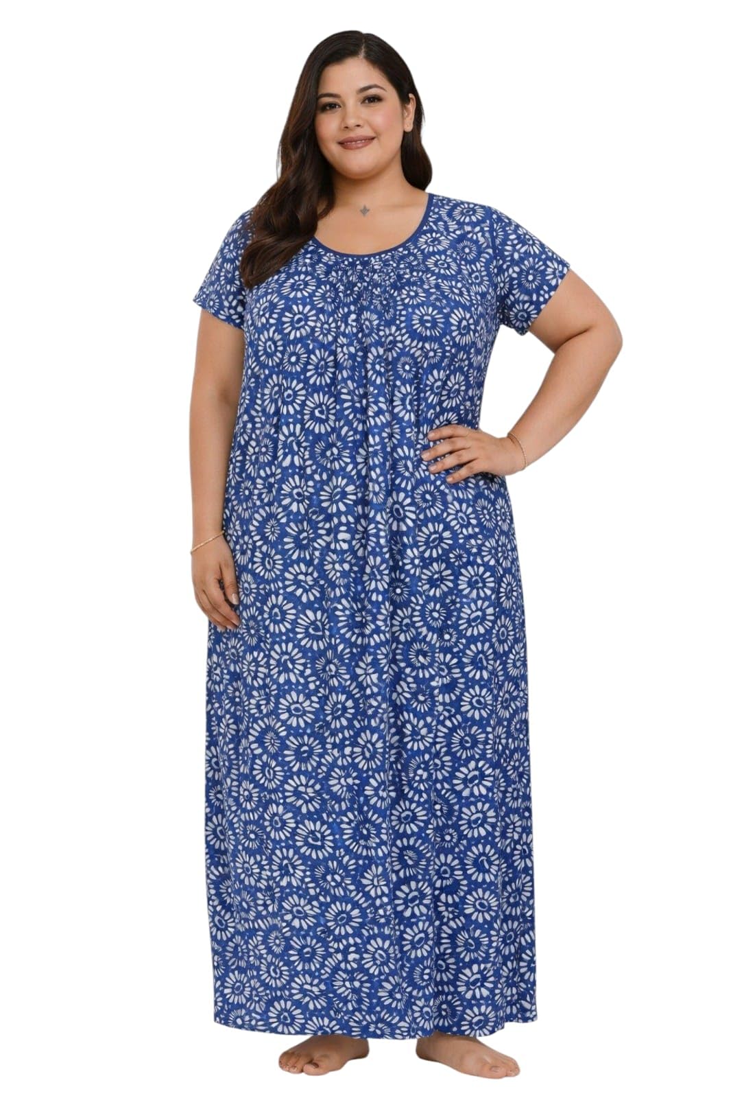 manvicare L to 10XL Size Short Sleeves Cotton Nighties for Women and Girls, Indigo Color, Batik Print, Full Length Maxi Nightdress-picture-55
