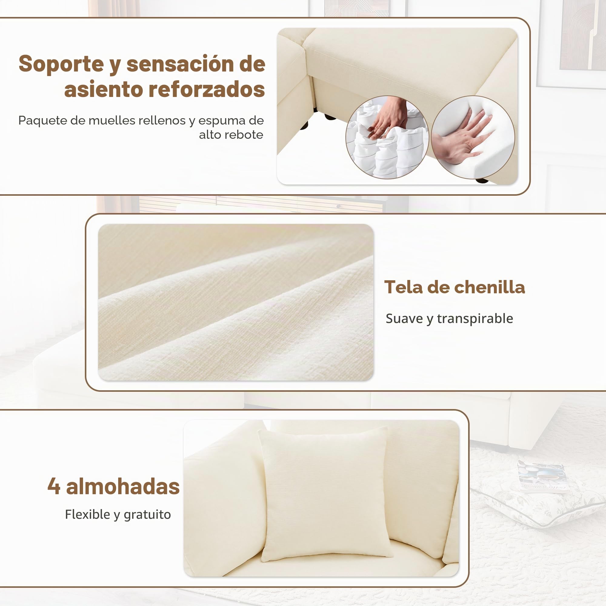 Soweiz Sofá esquinero en forma de L con reposapiés, convertible de 3 plazas, 4 cojines, reposabrazos ajustables, tela de chenilla para salón, oficina o apartamento, 218 x 156,5 x 86 cm, color beige