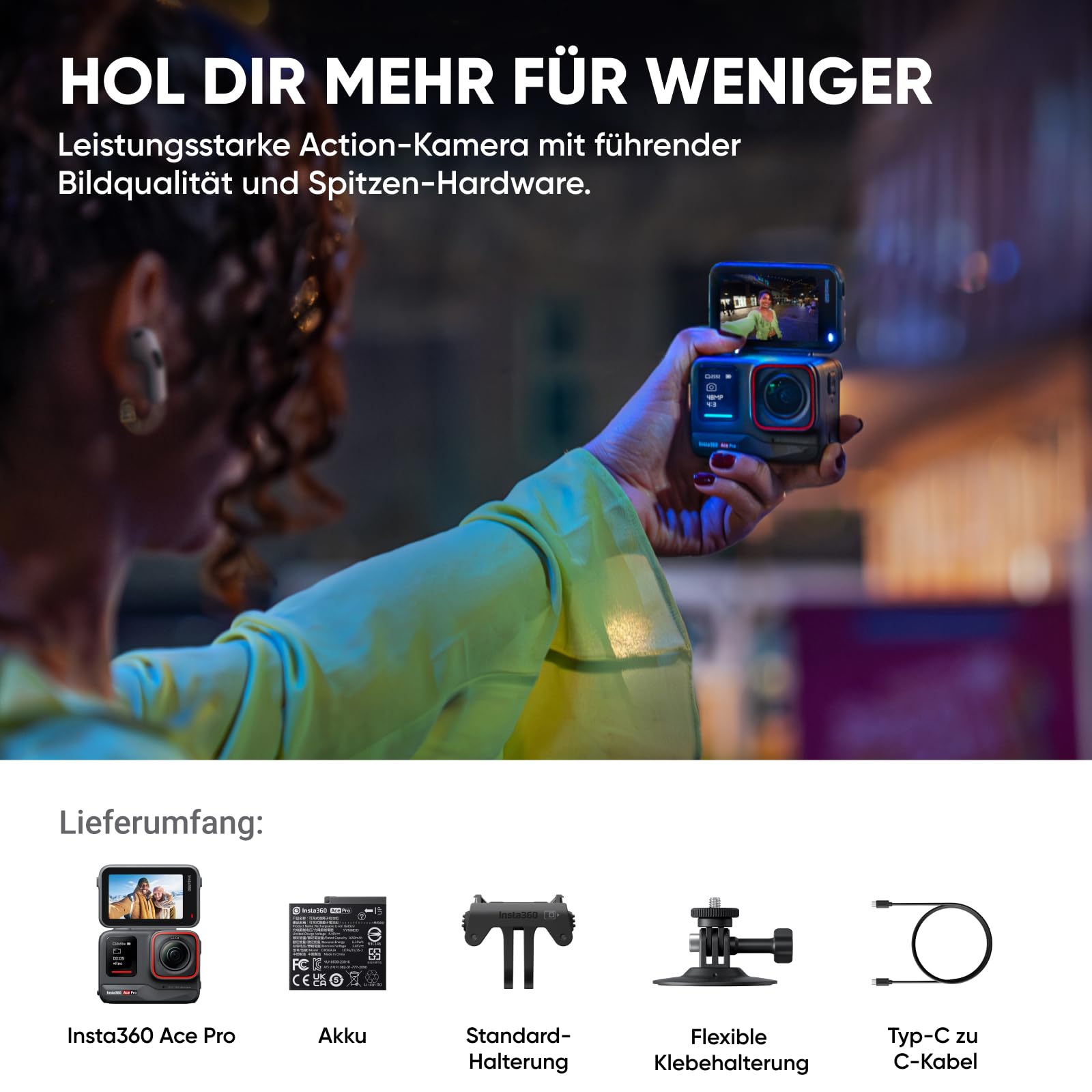 Insta360 Ace Pro wasserdichte Action-Kamera Leica 1/1,3"-Sensor KI-Rauschunterdrückung 4K120fps 2,4"-Klappbildschirm