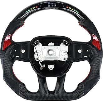 LOSCHEN Carbon Fiber Steering Wheel D-shaped Flat-bottom Perforated Leather, LED Display Shift Indicator Steering Wheel for Dodge/Jeep Grand Cherokee/SXT/GT/RT/SRT/HELLCAT（with Red Patches）