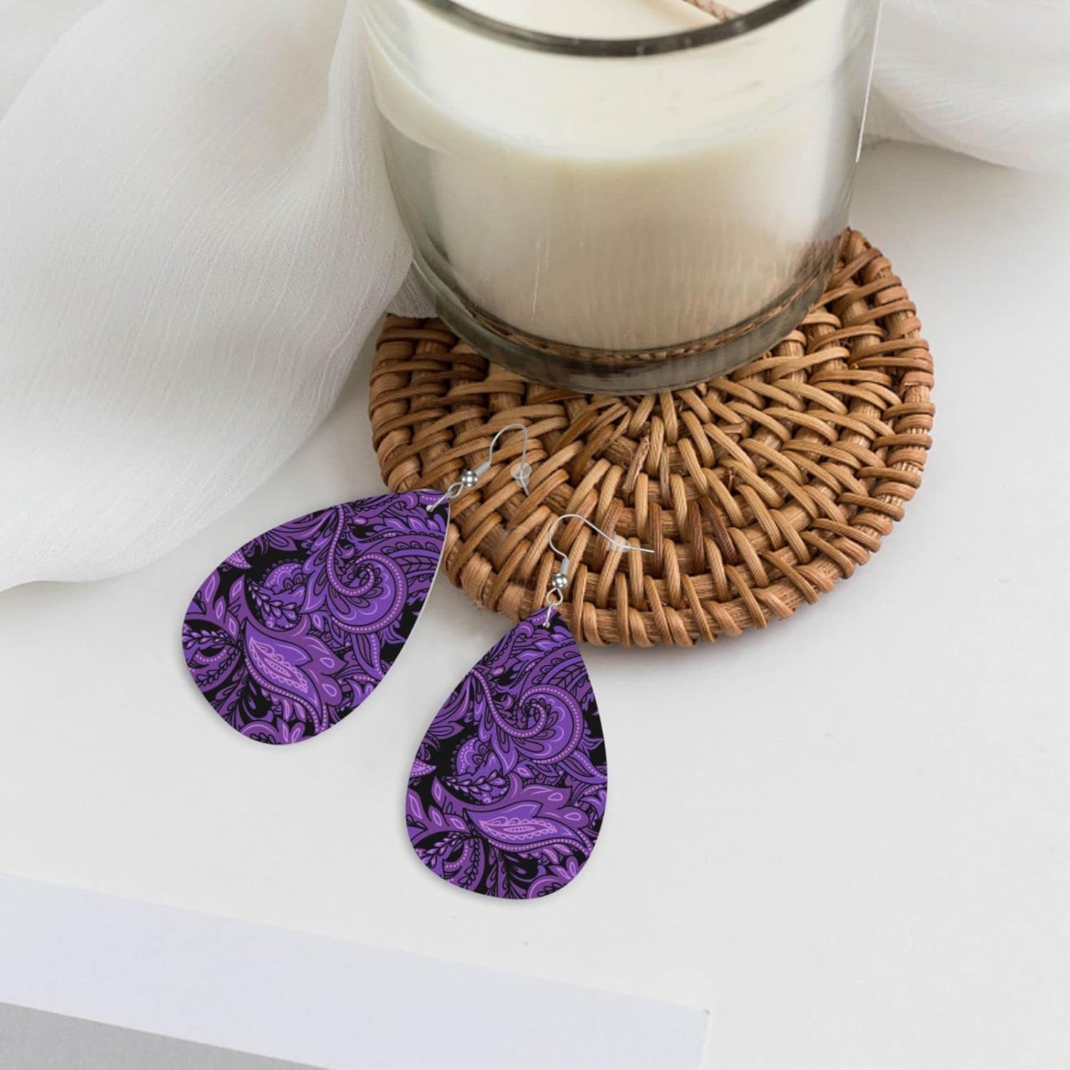 Purple Paisley Bandanna Faux Leather Teardrop Earrings for Women Drop Dangle Earrings - Image 6