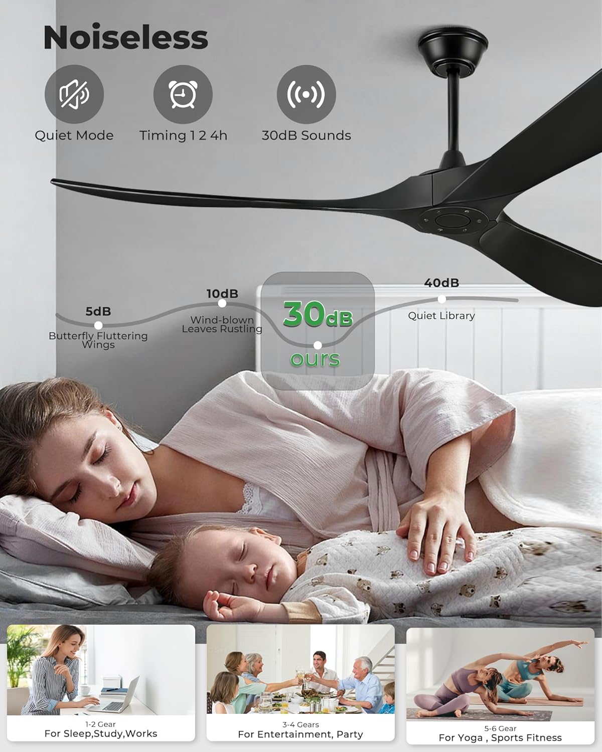Image showing a person sleeping peacefully with a BOOSANT fan operating quietly at 30dB, with speed recommendations for sleep, night, and daytime activities.