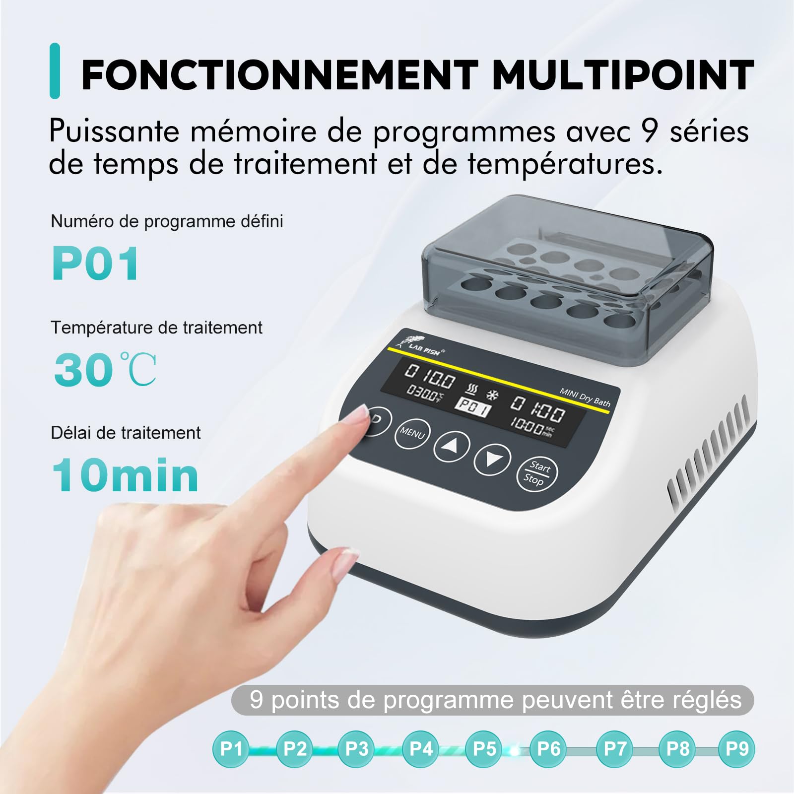 LAB FISH Mini Incubateur à Bain Sec Chauffant et Refroidissant Numérique pour Laboratoire Chauffage Thermostatique Programmable avec Bloc de Tubes à Centrifuger 1.5ml*15