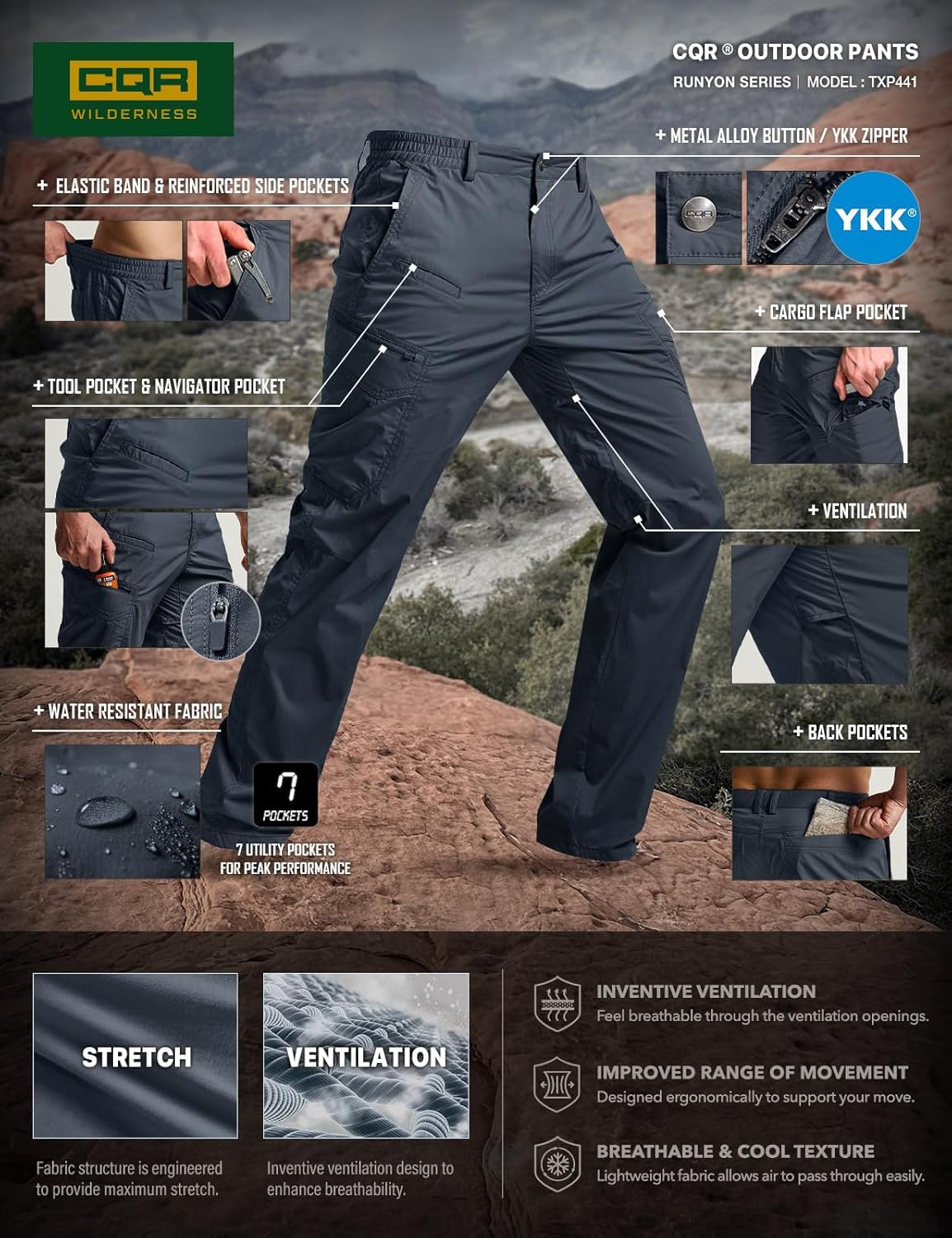 CQR Men's Quick Dry Tactical Pants, Water Resistant Outdoor Pants, Lightweight Stretch Cargo Work Hiking Pants - Image 9
