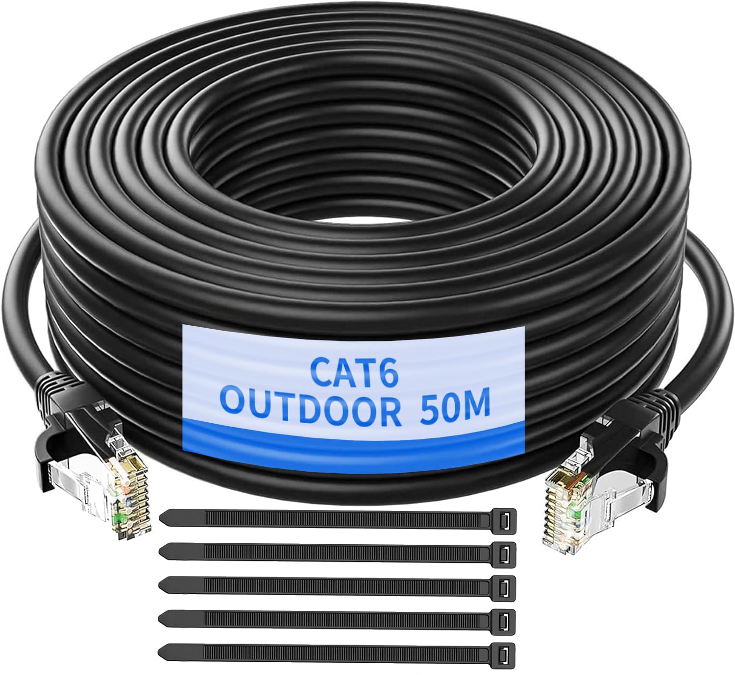 Outdoor Cat6/Cat6e-Ethernet-Kabel,wasserfest,direkt verlegbar, LLDPE-UV-Mantel 23AWG,10Gbit/s, Hochgeschwindigkeits-Gigabit-Internet-Netzwerkkabel mit 50 Kabelbindern,für Router Modem (50M)