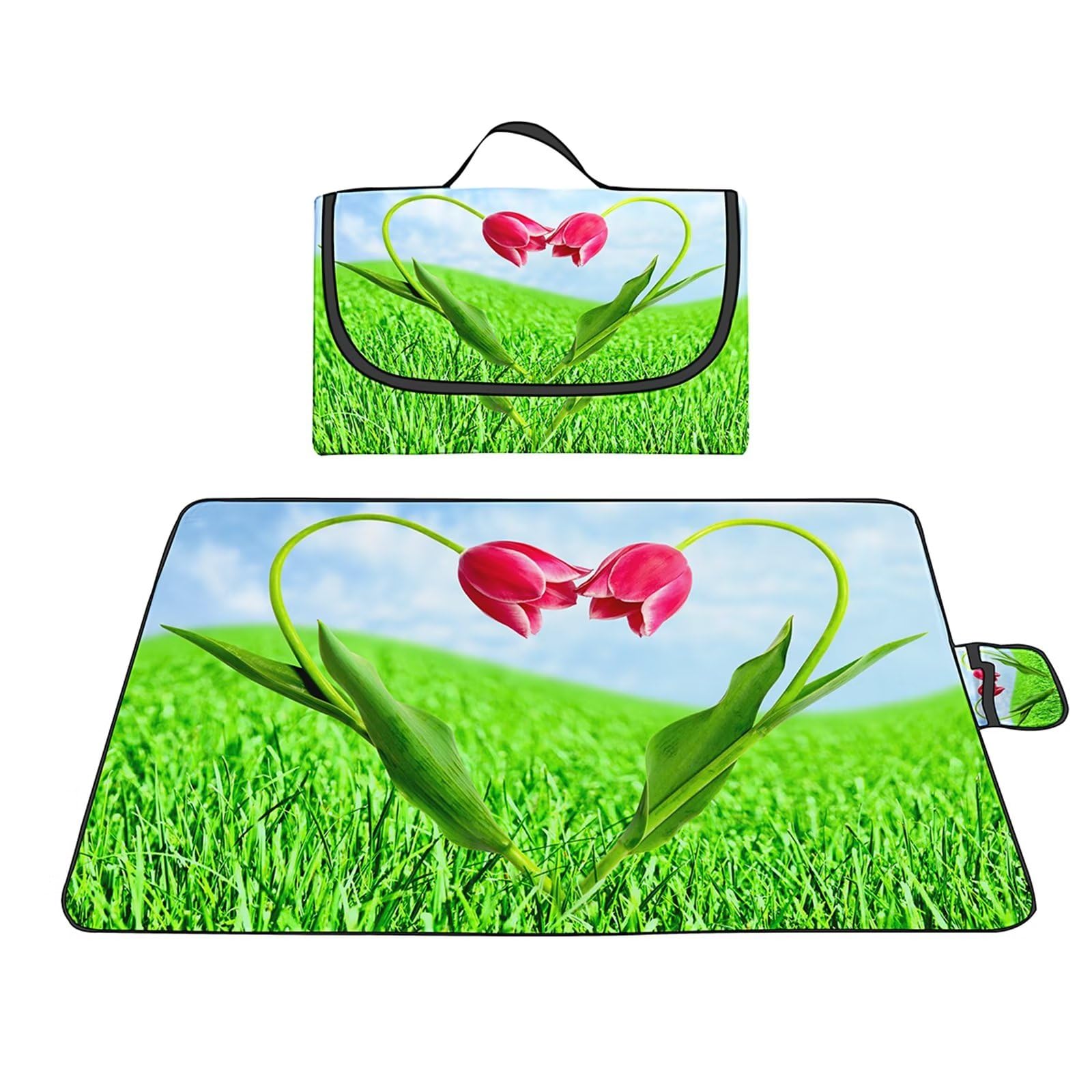 Manta Picnic Impermeable 200x300cm,Lavable Picnic Blanket,Ultrasónica Mantel Picnic,con Mango Multifunción para Acampar Playa Parque de Senderismo,Flores de tulipán