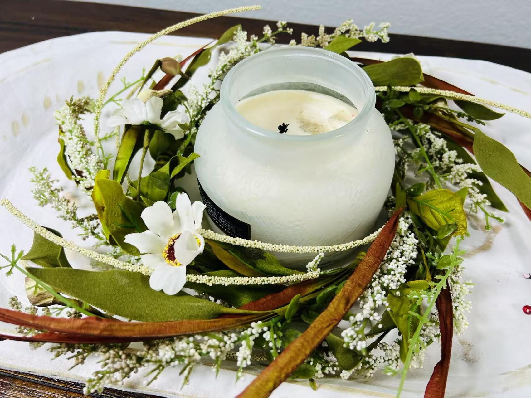 Decorative Artificial Floral Wreath with Candle Holder, 6.5 inches, White Flowers and Green Leaves