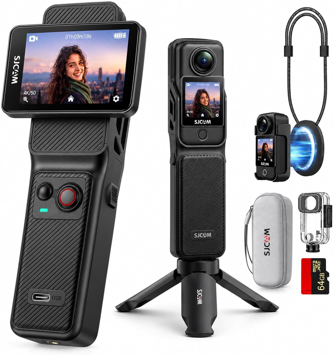 C400 4K 64GB Pocket Vlogging Camera Handheld Vlog,7H Recording Streaming Action cam for Travel and Trips,6-Axis Gyro + EIS Stabalization, 2.29'' RotableTouch Screen,30M Underwater