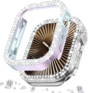 [2-Pack] Case Compatible with Apple Watch Series 11/10 (46mm), Bling Double-Row Rhinestone Diamond Protective Case Cover Replacement Protector (46mm, Rainbow+Transparent)