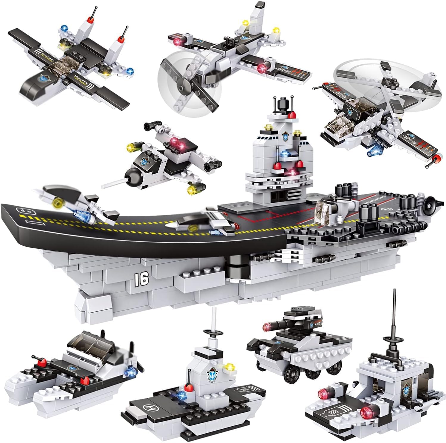 WishaLife 1320 Pieces Aircraft Carrier Building Blocks Set, Military Battleship Model Toy with Army Car, Helicopter & Boat, Military Toys Gift for Kids Boys Girls Age 6-12