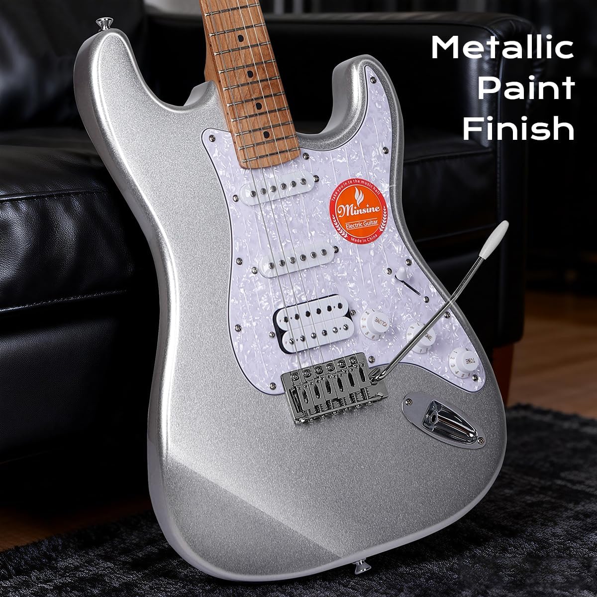 Solid Body Electric Guitar Kit -39in Starter Guitar Kit with Metallic finish, Guitar Case, Amplifier Gig Bag, Strings, Strap, Cable, Picks(Silver)