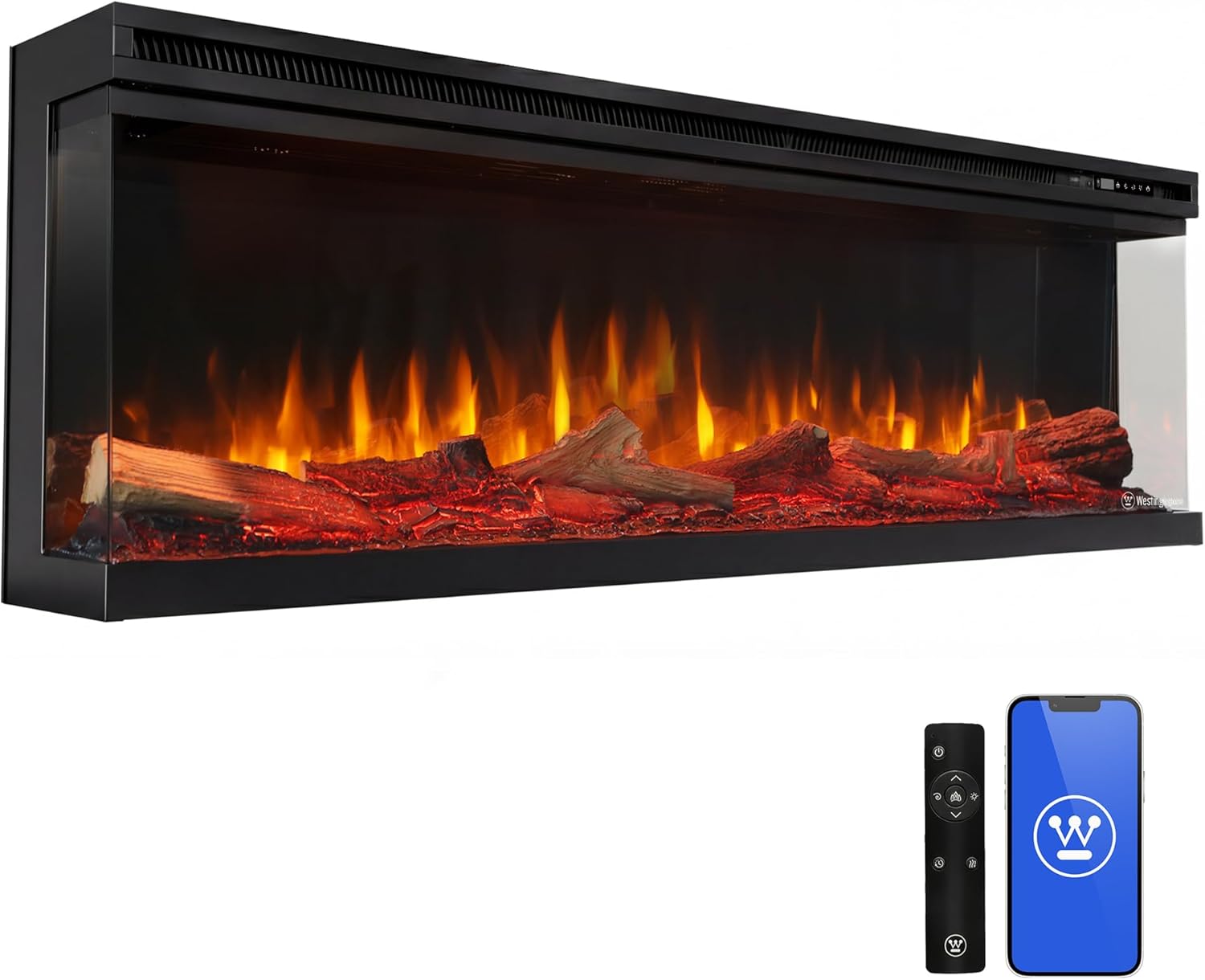 Westinghouse 50inch 3-Sided Electric Fireplace, Realistic Flame&Log Set, Compatible with Alexa & Google Home, Wall Mount or Recessed, 24 Hour Timer, Color Changing Flames, 750W/1500W Indoor Heater