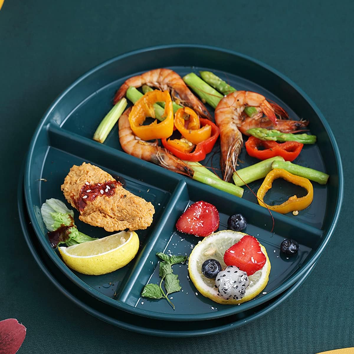 8 inch Green Ceramic Divided Dinner Plates for Adults,2 Pack Porcelain Portion Control Divided Plates,Reusable 3 Compartment Deep Serving Tray Plate Microwave and Dishwasher Safe