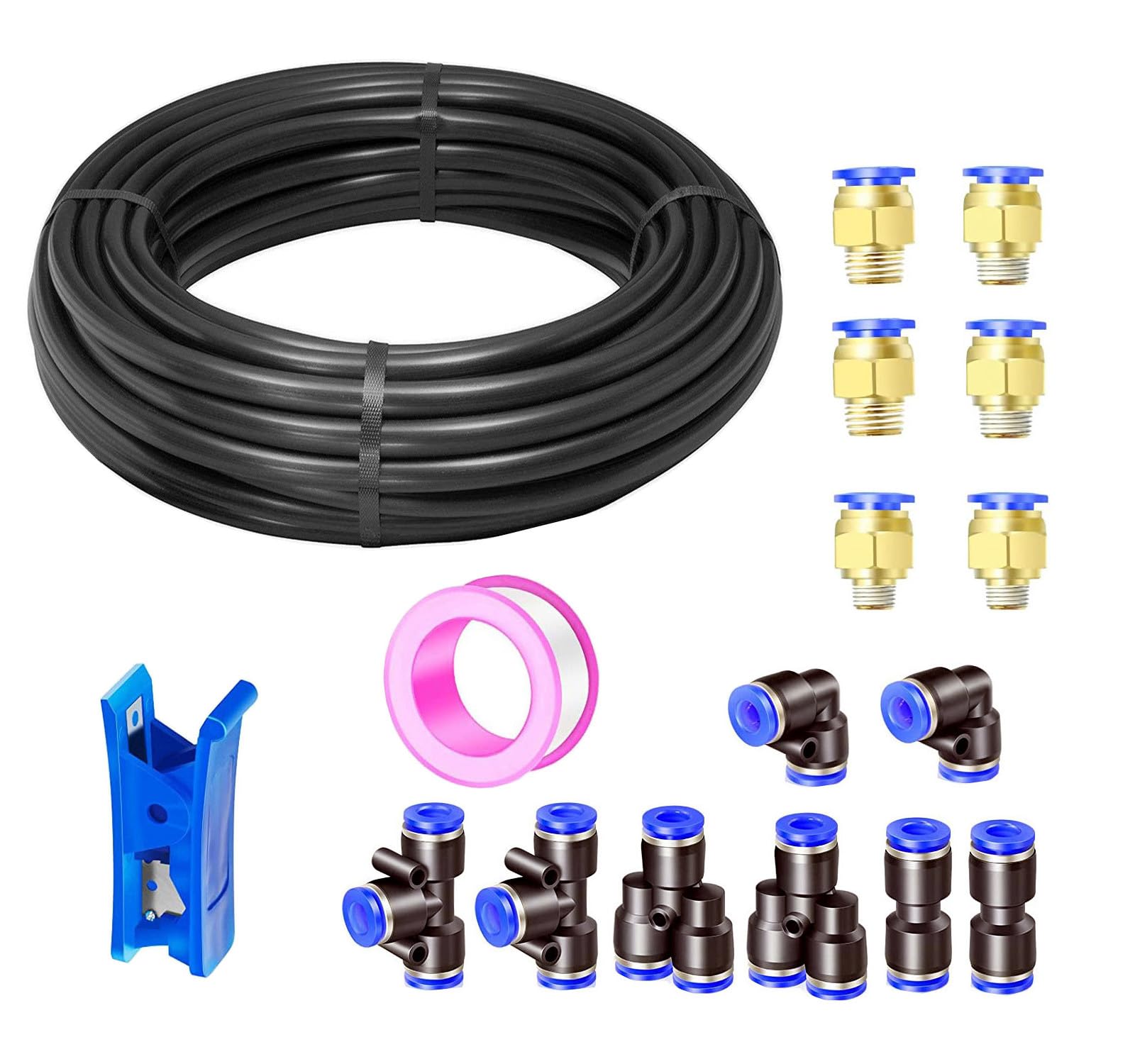 10 Meter Noir Pneumatique Tuyau Air Comprimé,Polyuréthane PU Air Tuyau Kit 12mm OD x 8mm ID 32.8ft,avec 14 Connecteur Pneumatique (Y/T/L/I)