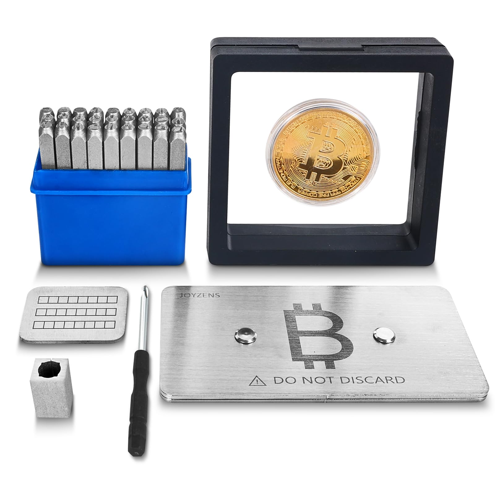 Joyzens 96-Word Seed Phrase Plate Kit โ Stainless Steel Backup with Letter Stamps & Positioning Tool, 48โ96 Word Capacity for Crypto Hardware Wallets