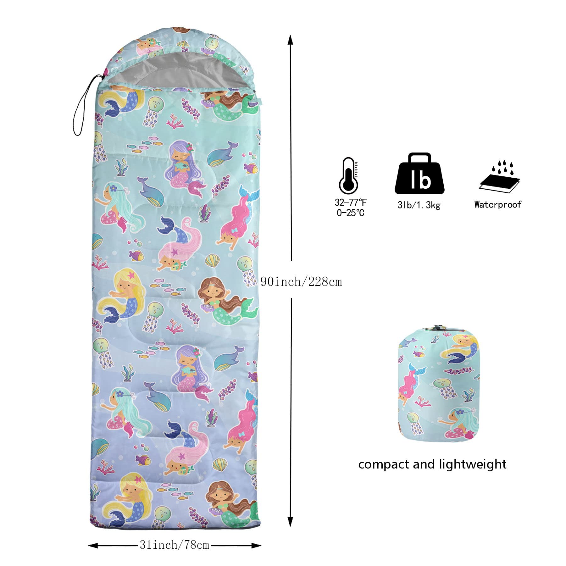 HOSIMA Sleeping Bags for Boys Girls Kids,Watercolor Mermaid Printeded Lightweight Warm Portable Outdoor Indoor-Waterproof Cold Weather Resistant Sleeping Bag for Camping Hiking(Mermaid2) - Image 3