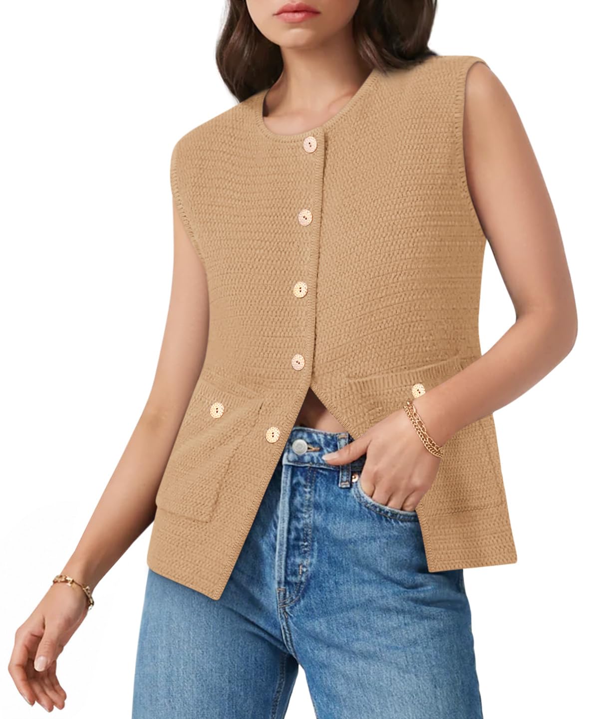 Yousify Womens Sweater Vest Sleeveless Button Down Round Neck Knitted Tank Tops Casual Cardigan with Pockets