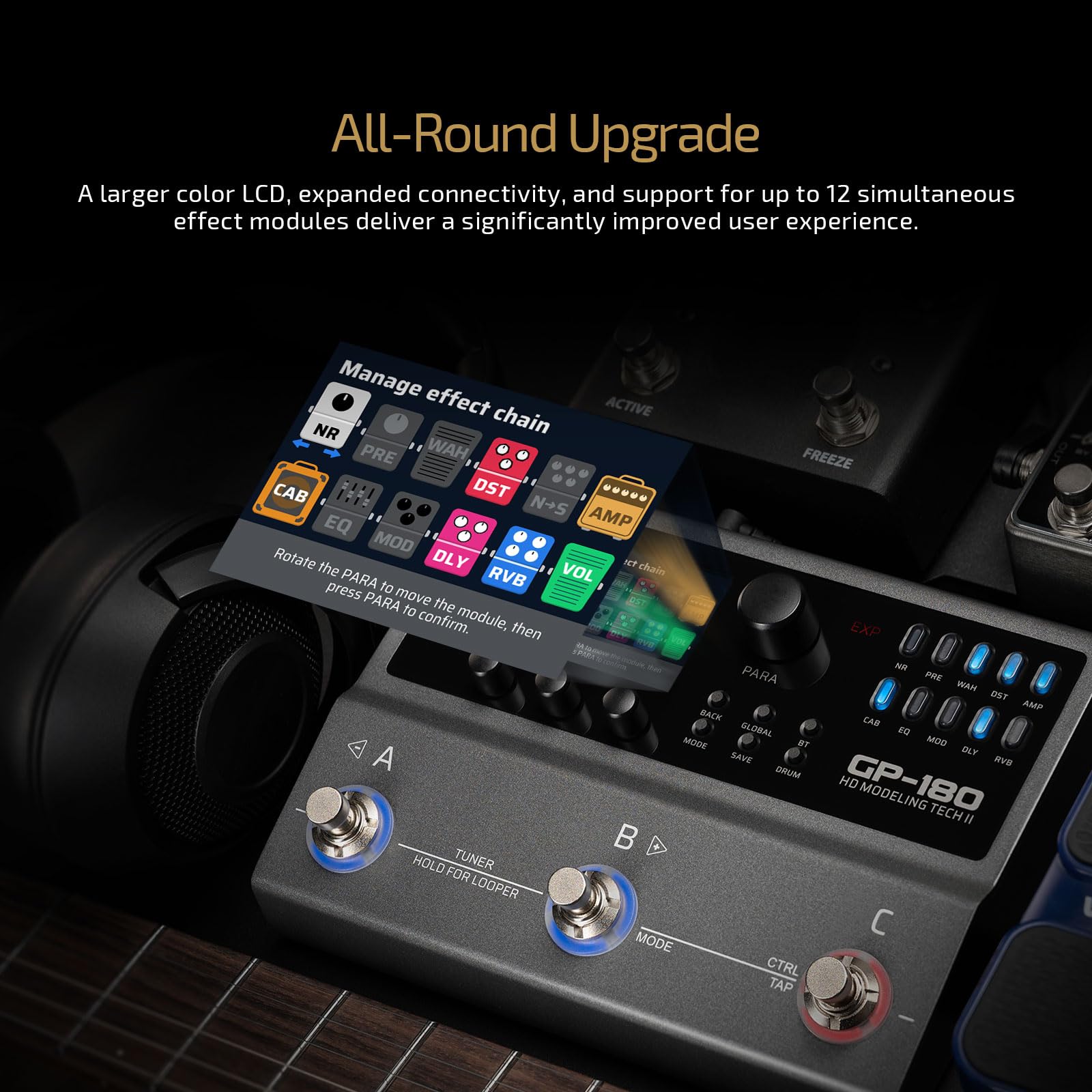 VALETON Processore multieffetto per chitarra con modellazione HD, 200+ effetti, supporto IR e NAM, looper, drum machine, interfaccia audio USB GP-180
