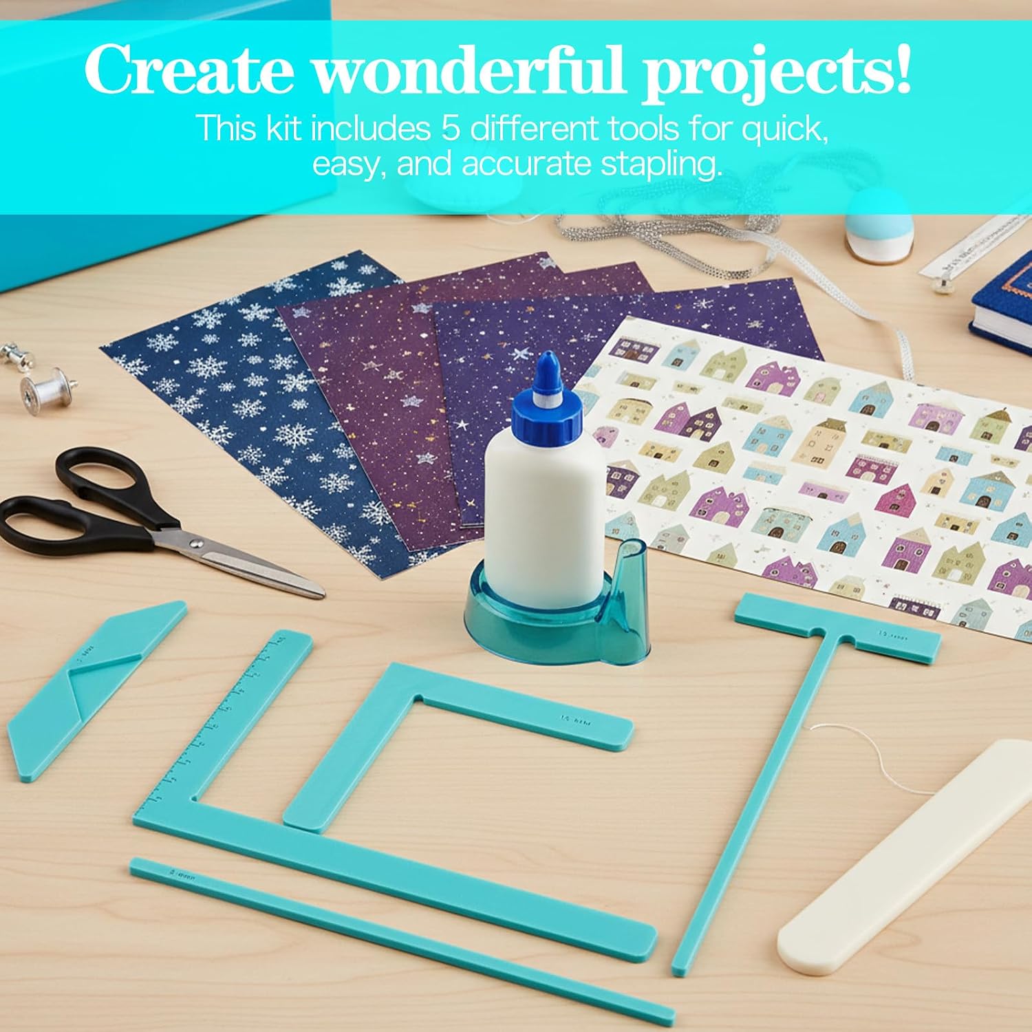 5 Pcs Bookbinding Ruler Set, L-Shaped T-Shaped Ruler Spacing Guide with Corner Cutting Square, Polyethylene Book Binding Tools for Scrapbooking Album Making, Blue