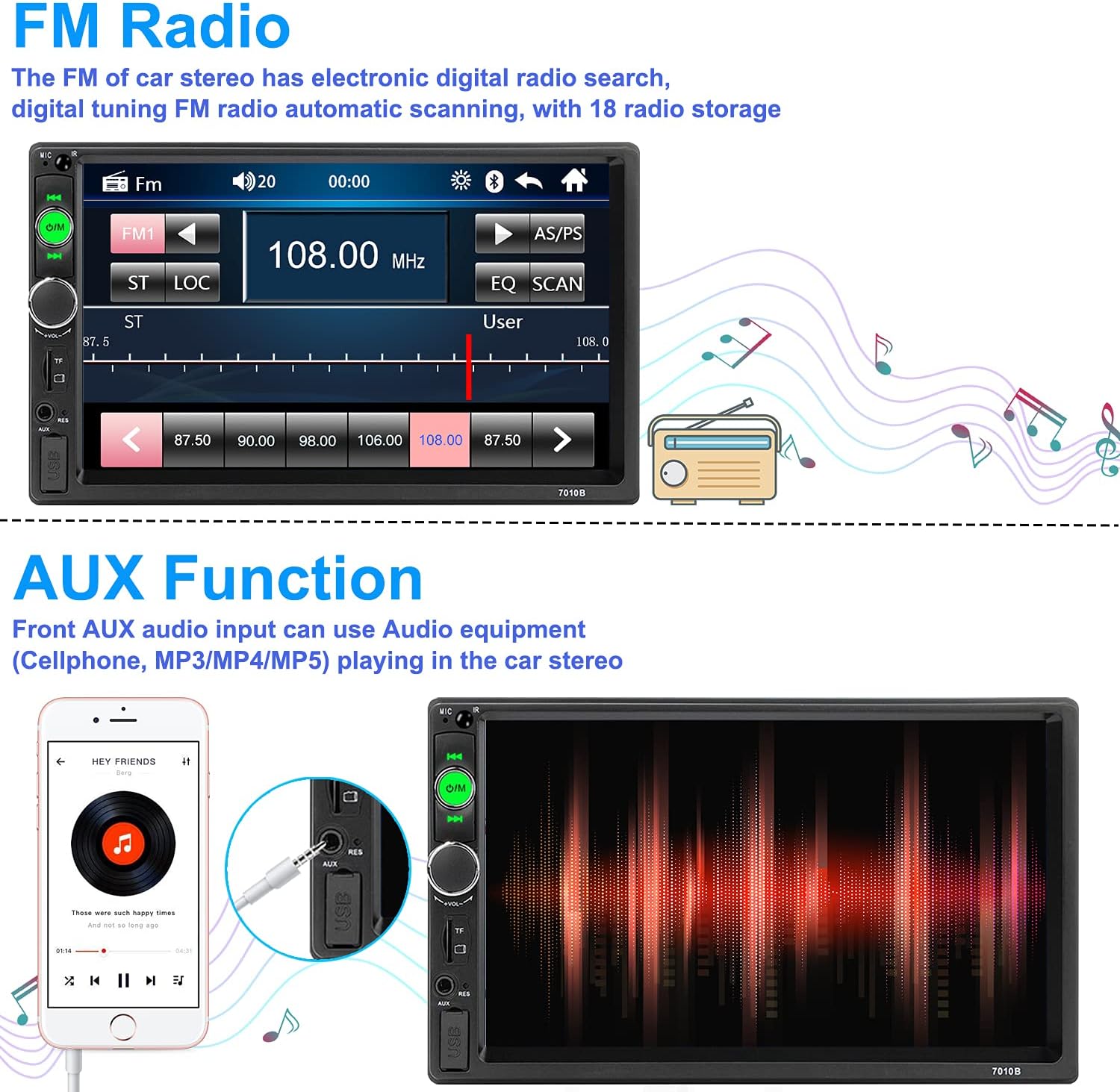 CAMECHO DAB 2 Din Car Radio 7 Inch HD Touch Screen with Bluetooth Hands