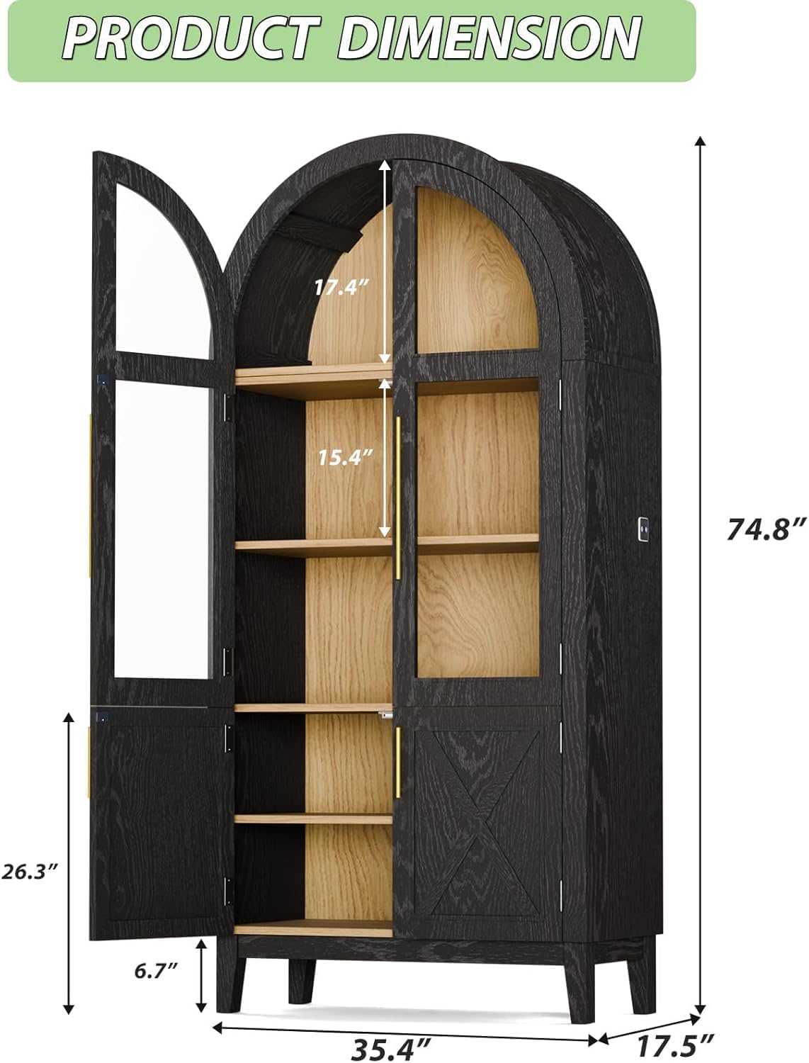 75'' Tall Arched Cabinet with Glass Doors, 5-Tier Arched Kitchen Pantry with Adjustable Shelves LED Lights & Human Body Sensor Modern Accent Cabinet for Living Room, Kitchen, Oak & Black