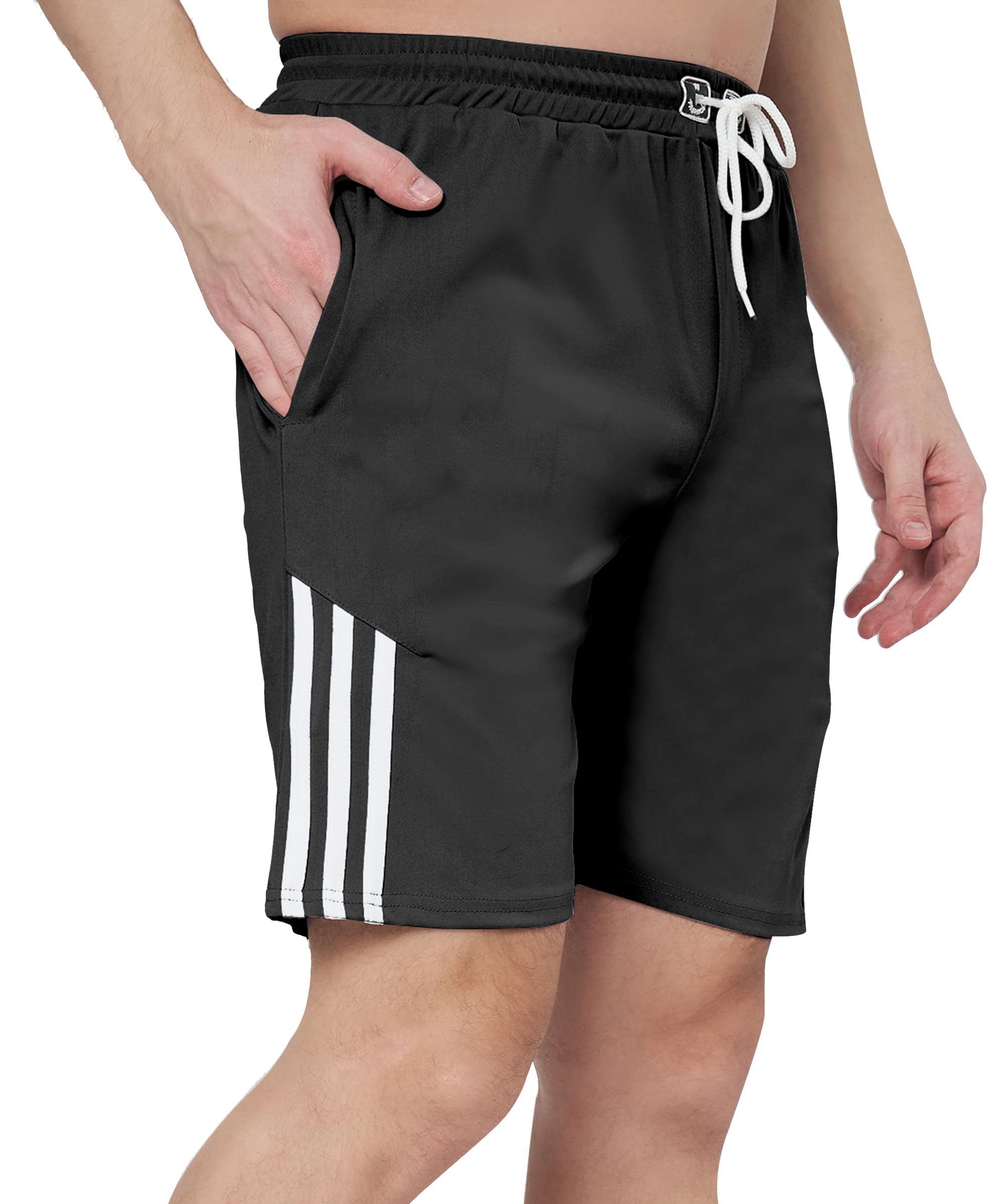 VALLEY Men's Athletic Shorts with White Side Stripes, Drawstring Waist, Quick-Dry, for Men (in, Alpha, M, Regular, Black)-picture-7