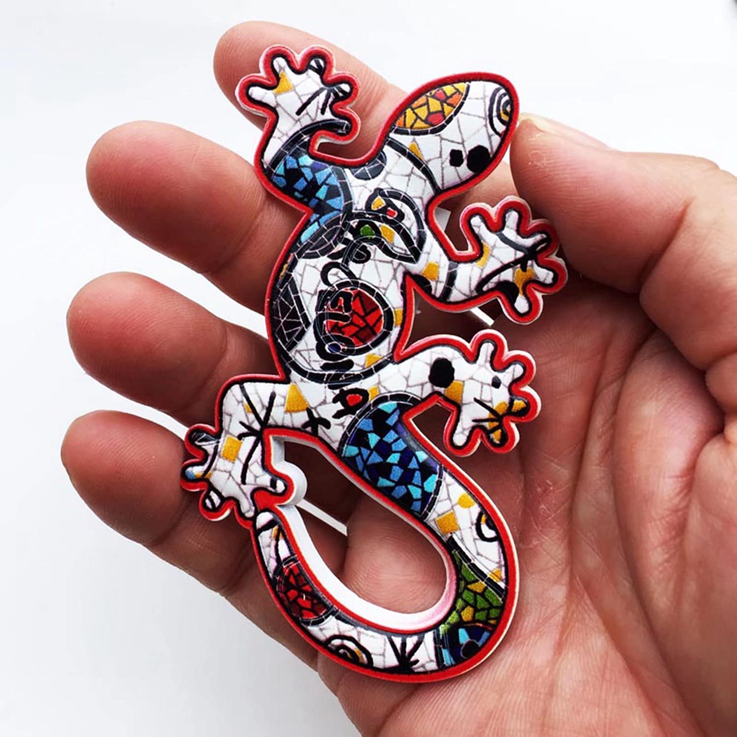 Aimant Frigo 3D Lézard Barcelone - Souvenir Espagne Fait Main, Résine, 5x10.2 Cm, Décoration Colorée