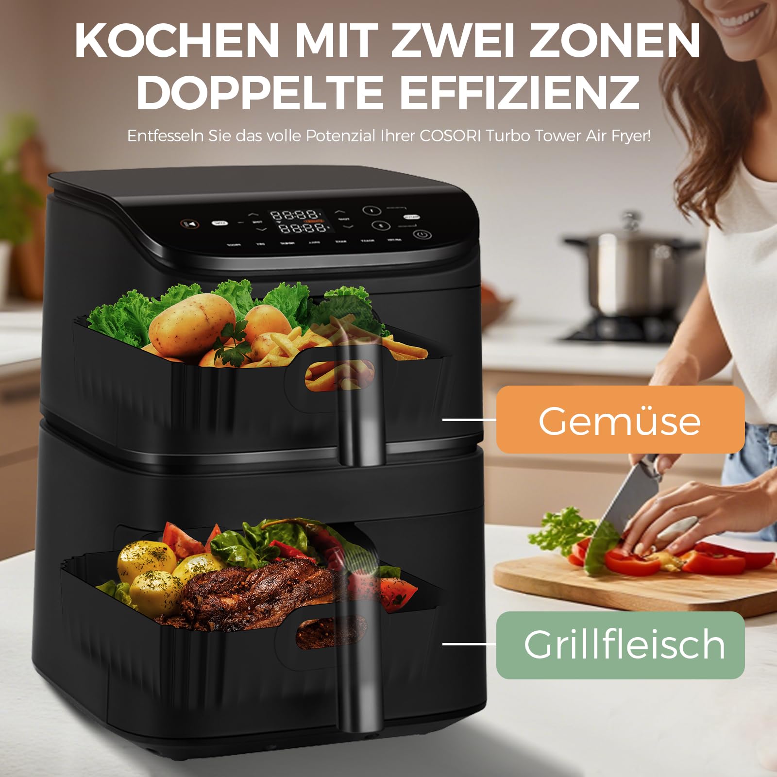 17-Teiliges Heißluftfritteuse Zubehör für COSORI Turbo Tower Pro Smart 10,8L Double Stack Airfryer,BPA-frei Airfryer Silikonform Zubehör für COSORI Turbo Tower 6,5L/4,3L Air Fryer Silikon Einsatz
