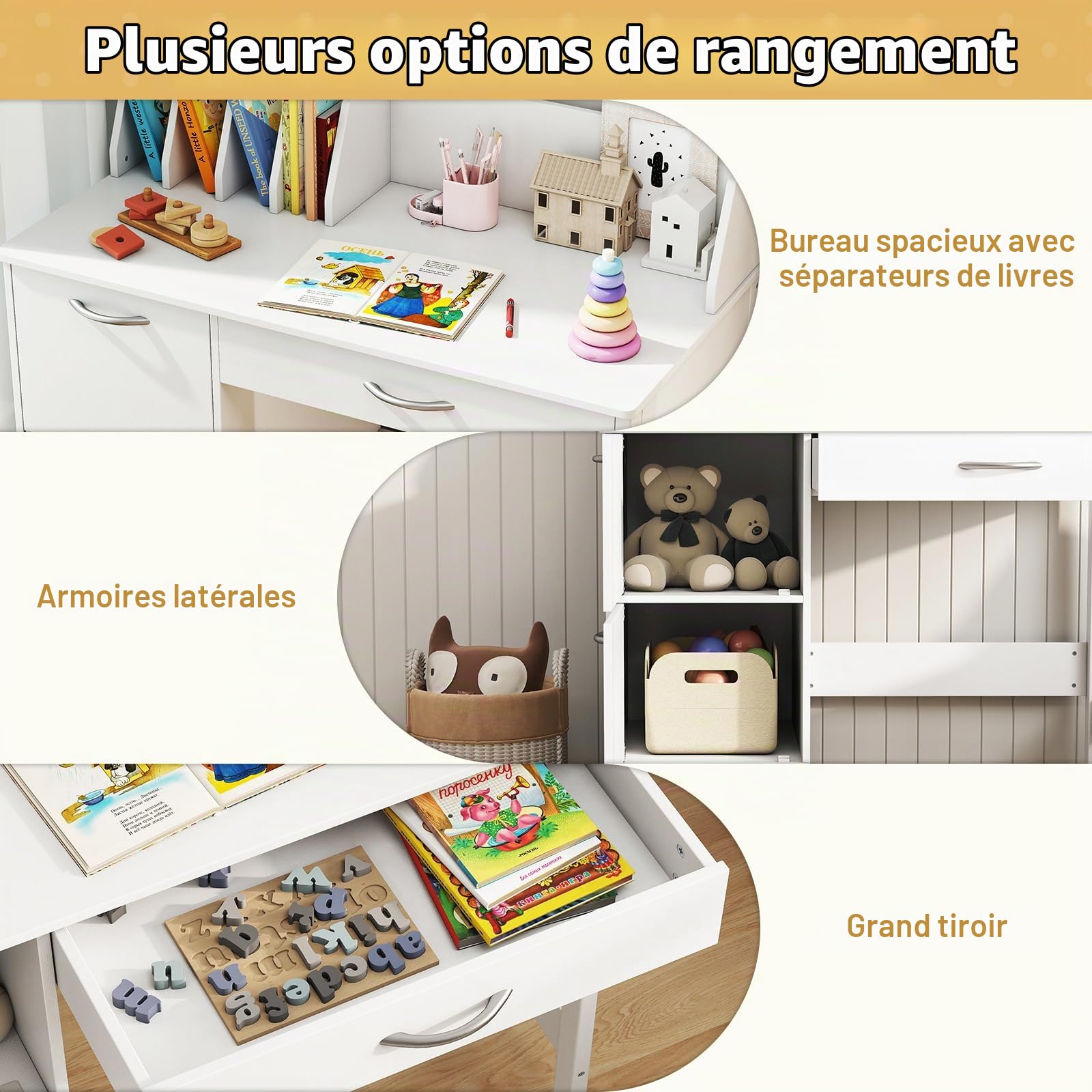 LIFEZEAL Ensemble Bureau avec Chaise pour Enfant 3-8 Ans, Table d'Étude Bois avec Tiroir et 2 Armoires, Grand Espace de Rangement, Charge de 30 kg, Blanc