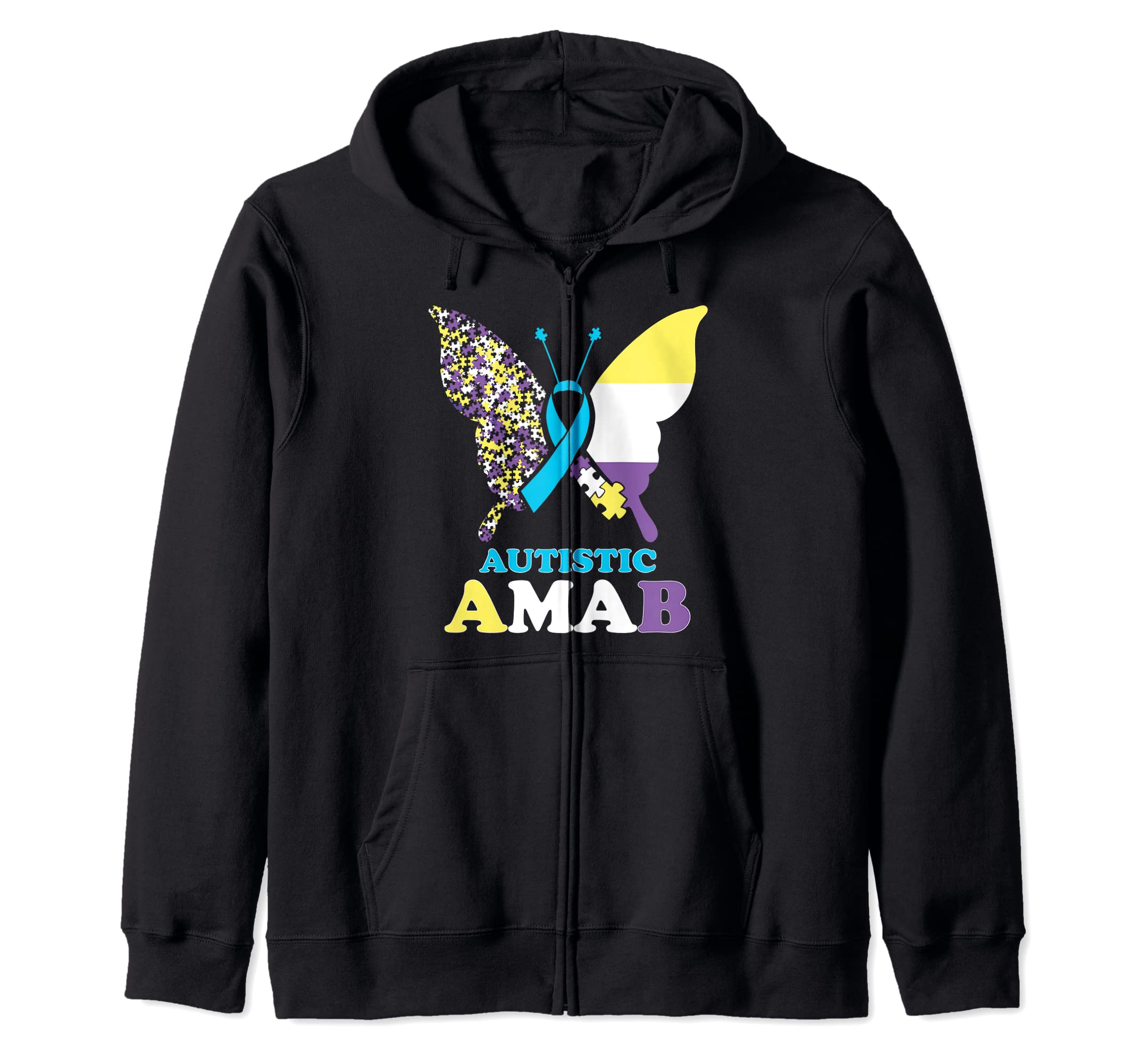 Autistic AMAB Autism Awareness Non-Binary Pride Butterfly Zip Hoodie