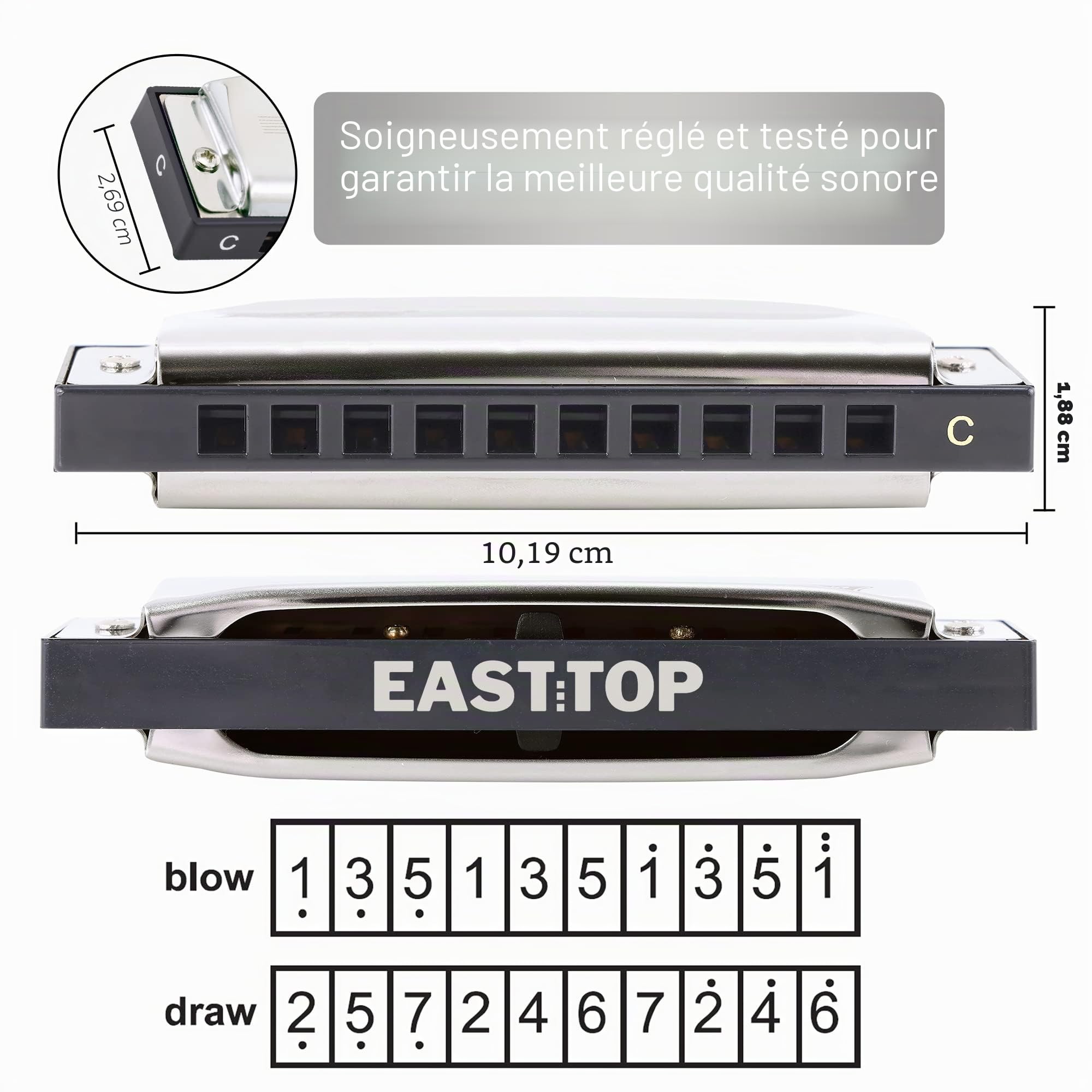 East Top Harmonica blues, 10 Holes Instrument de musique professionnel blues harmonica Diatonique C (T009-1)