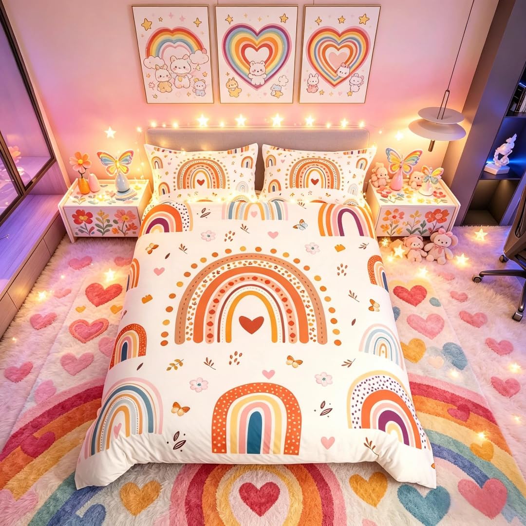 Loussiesd Rainbow Duvet Cover with 2 Pillow Case Rainbow Decorations Boho Comforter Cover Butterfly Bedding Set Double Size for Boys Girls Kids Adults