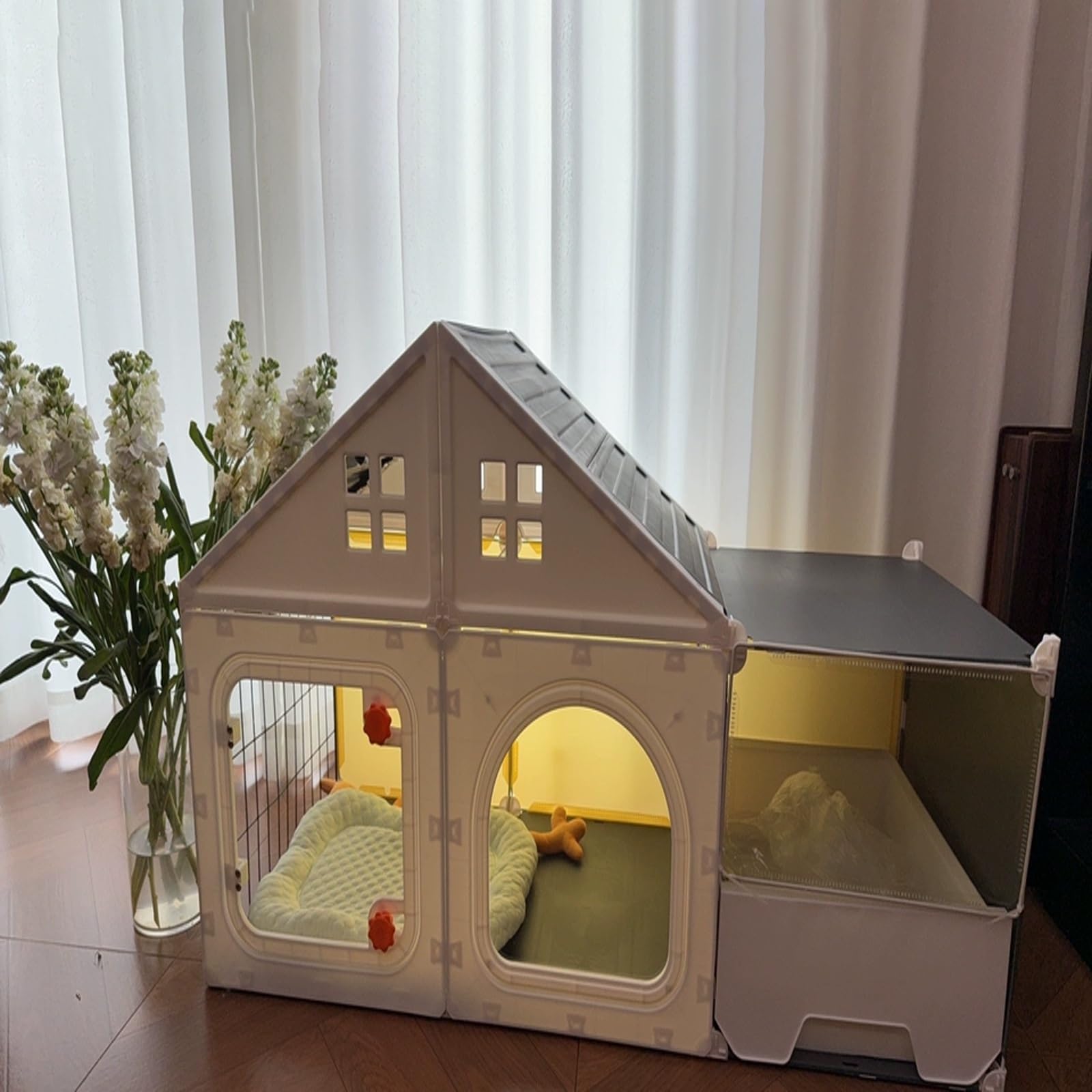 Casetta per Gatti Da Interno con Lettiera Integrata, Spazio Relax e Zona Toilette In Un Unico Ambiente Recinto per Gatti Casetta Da Gioco Per Gatti per Piccoli Appartamenti(White,106x46x58cm)
