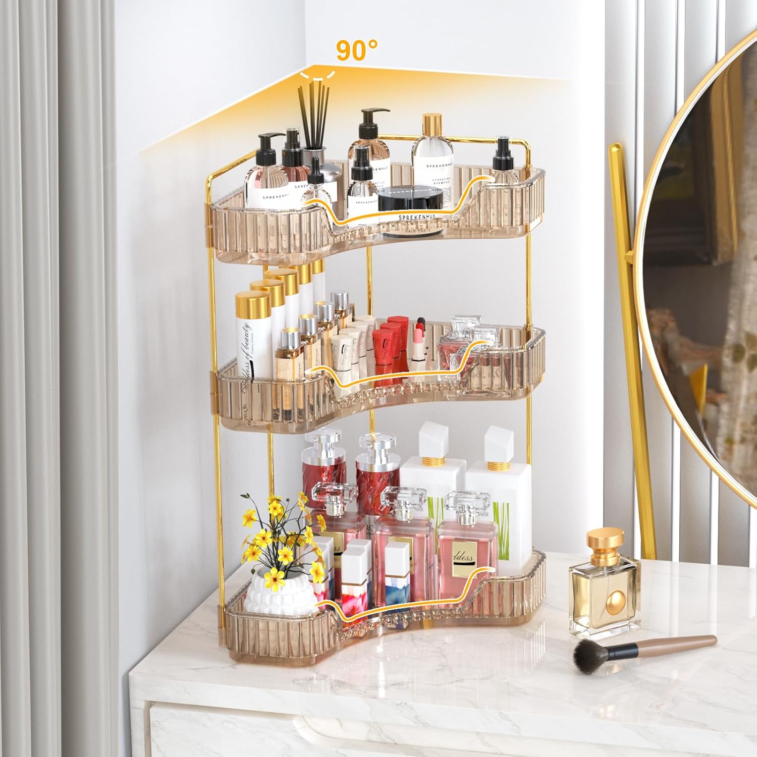GTI 3-Tier Corner Bathroom Counter Organizer, Large Capacity Makeup Organizer Countertop, Perfume Cosmetics Skincare Vanity Organizers, Exquisite Countertop Storage for Women (Amber)