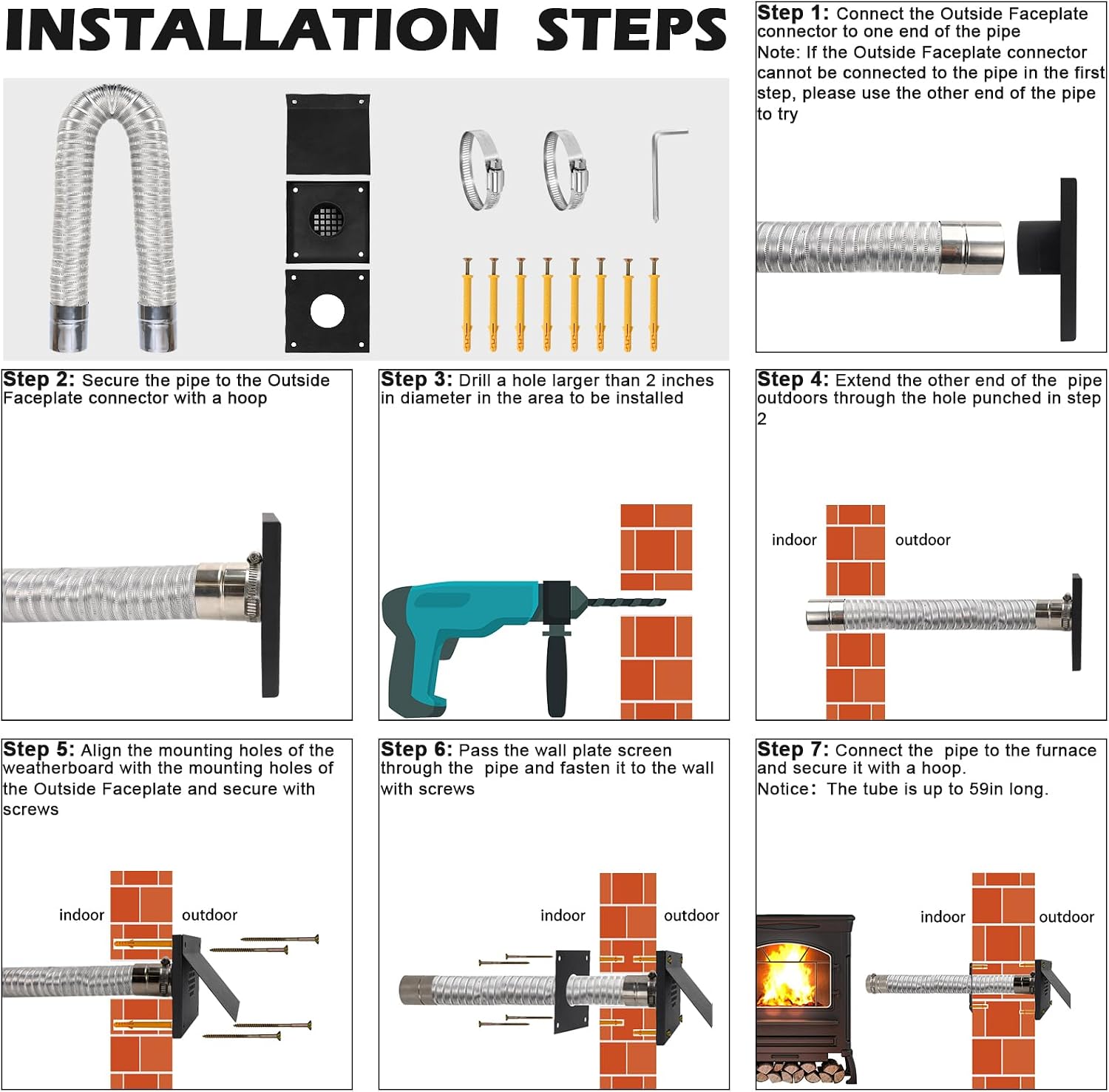 VICAMB Pellet Stove Vent Pipe Kit,Pellet Stove Fresh Airs Intake Kit Includes 2" x 59" Flexible Aluminum Pipe with Protective Screen and 2 Screw Clamps for Fresh Air Intake & Exhaust