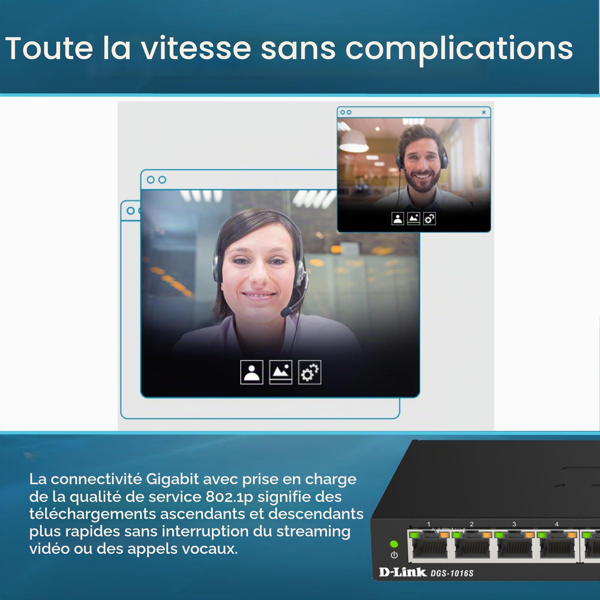D-Link DGS-1016S Switch non administrable 16 ports Gigabit sans ventilateur à profil bas idéal sur bureau ou au mur - QoS 802.1p