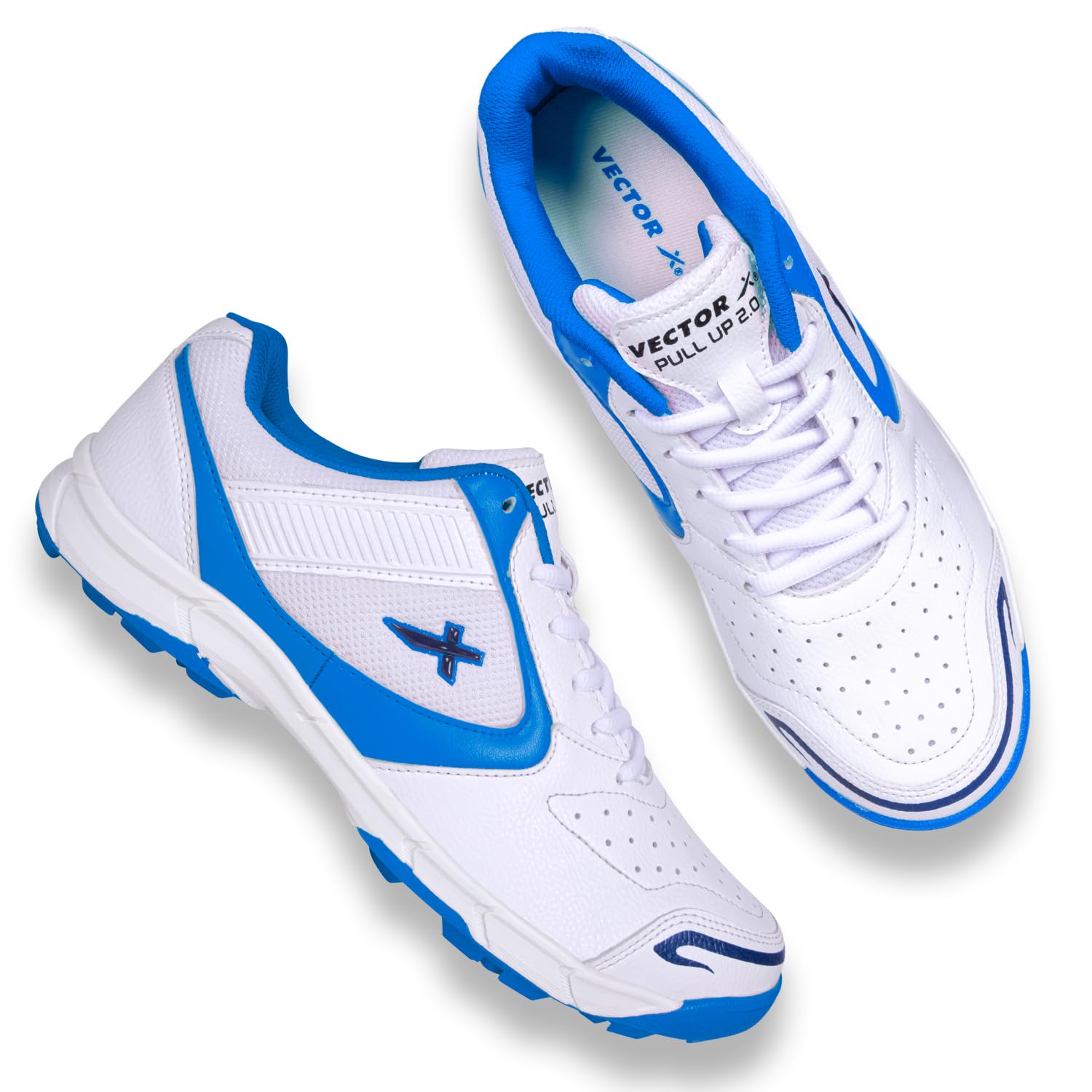 Vector X Pull up Cricket Shoes Synthetic Leather Upper/PVC Sole Studs for Men Velcro & Lace up | Lightweight & Durable Footwear| Ideal for Turf, Ground & Hard Surfaces (White-Blue, Size-10) (B0CTQ93LSV) Amazon Price History, Amazon Price Tracker