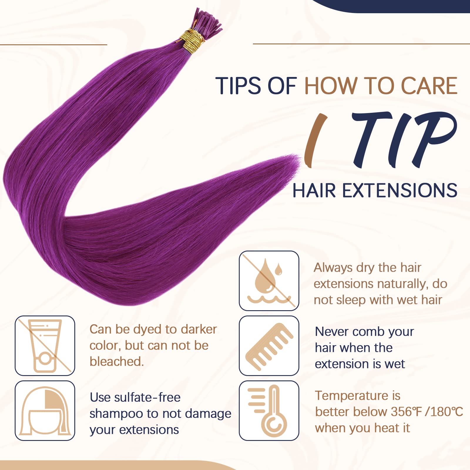 RUNATURE Purple Stick I Tip Hair Extensions Human Hair Purple PreBonded Hair Extensions Keratin I tip Extensions Hair 16 Inch 20Gram - Image 4