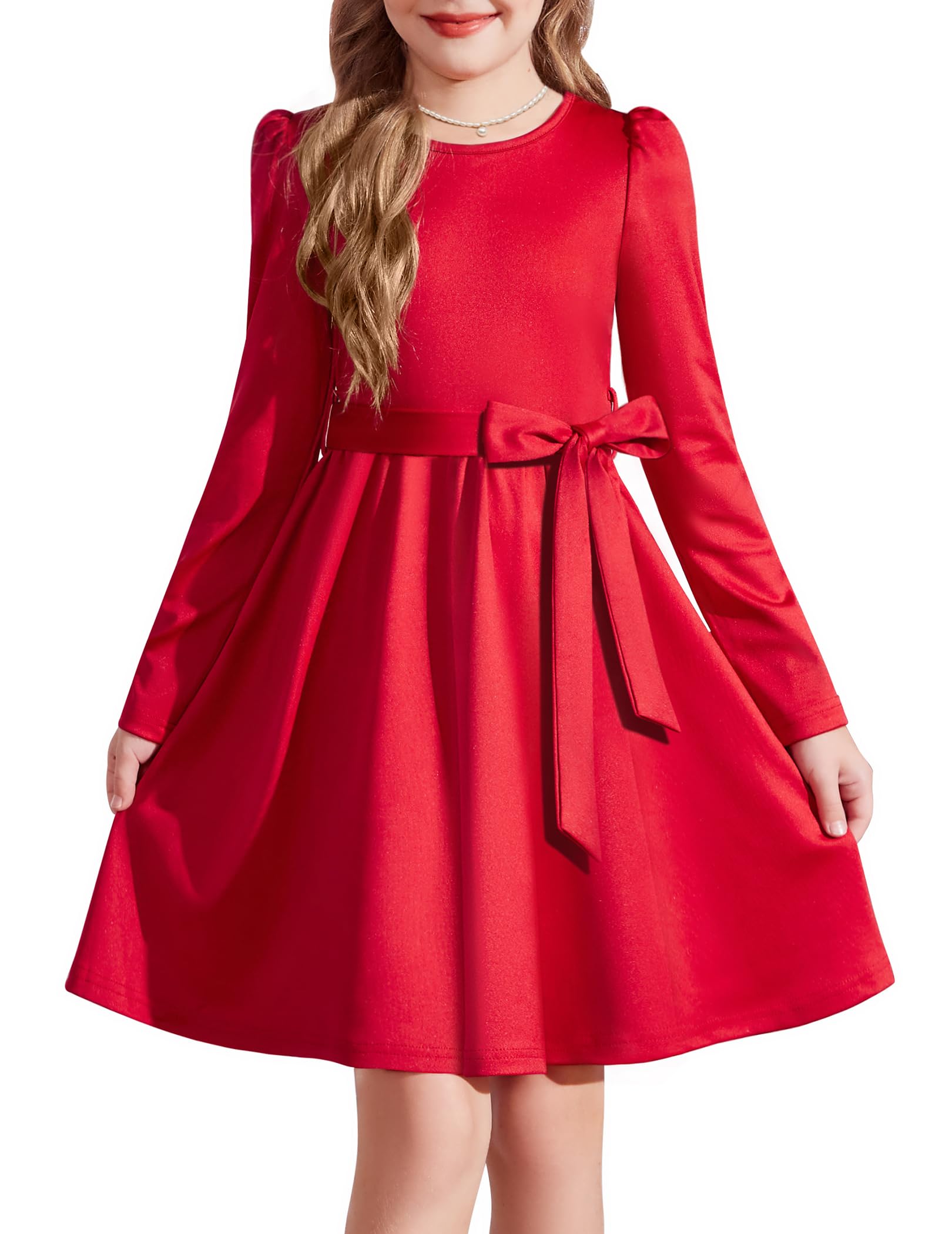 Arshiner Mädchen Kleid Festliches Puff-Langarm Partykleid mit Gürtel Tasche | Rundhals,Einfarbig,A-Linien Kinderkleid,Herbst Winterkleider,Einschulungskleid,Halloween,Weihnachten
