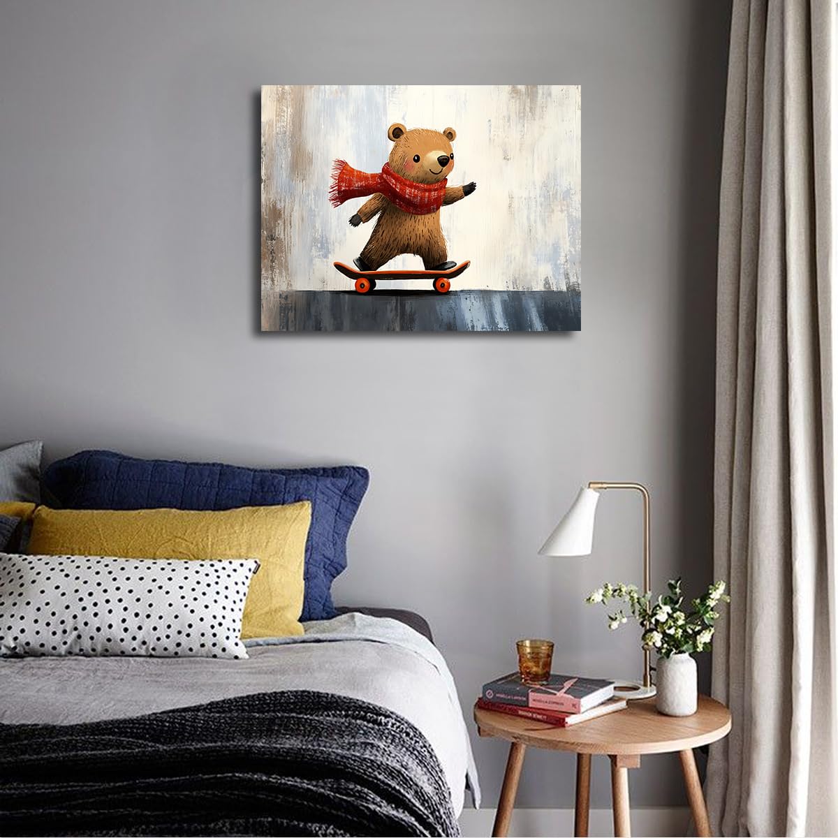 Via Vela Sculptures murales en toile d’ours en skateboard illustrations ludiques d’animaux de nursery affiches modernes pour chambre salon décoration intérieure 50x60cm