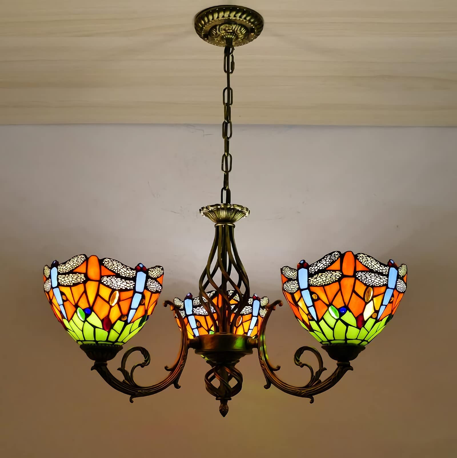 Tiffany Style Chandeliers, Stained Glass Pendant Light, 3 Light, Antique Vintage Adjustable Ceiling Light for Living Room Bedroom Dining Room,Orange Dragonfly