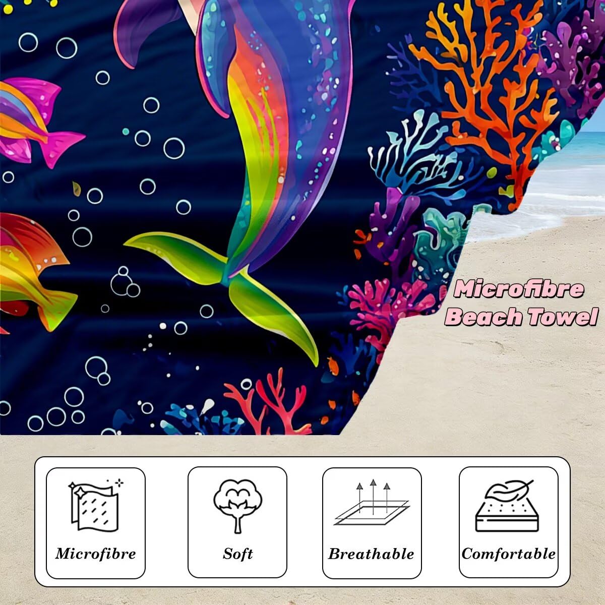 Toalla Playa 100x220 cm, Toalla Gimnasio Microfibra Secado Rapido, Juego de 2 Antiarena Toallas de Playa, Ligera Compacta Toallas Microfibra Grande para Viaje, Regalo Hombre Mujer (Delfín) -5013