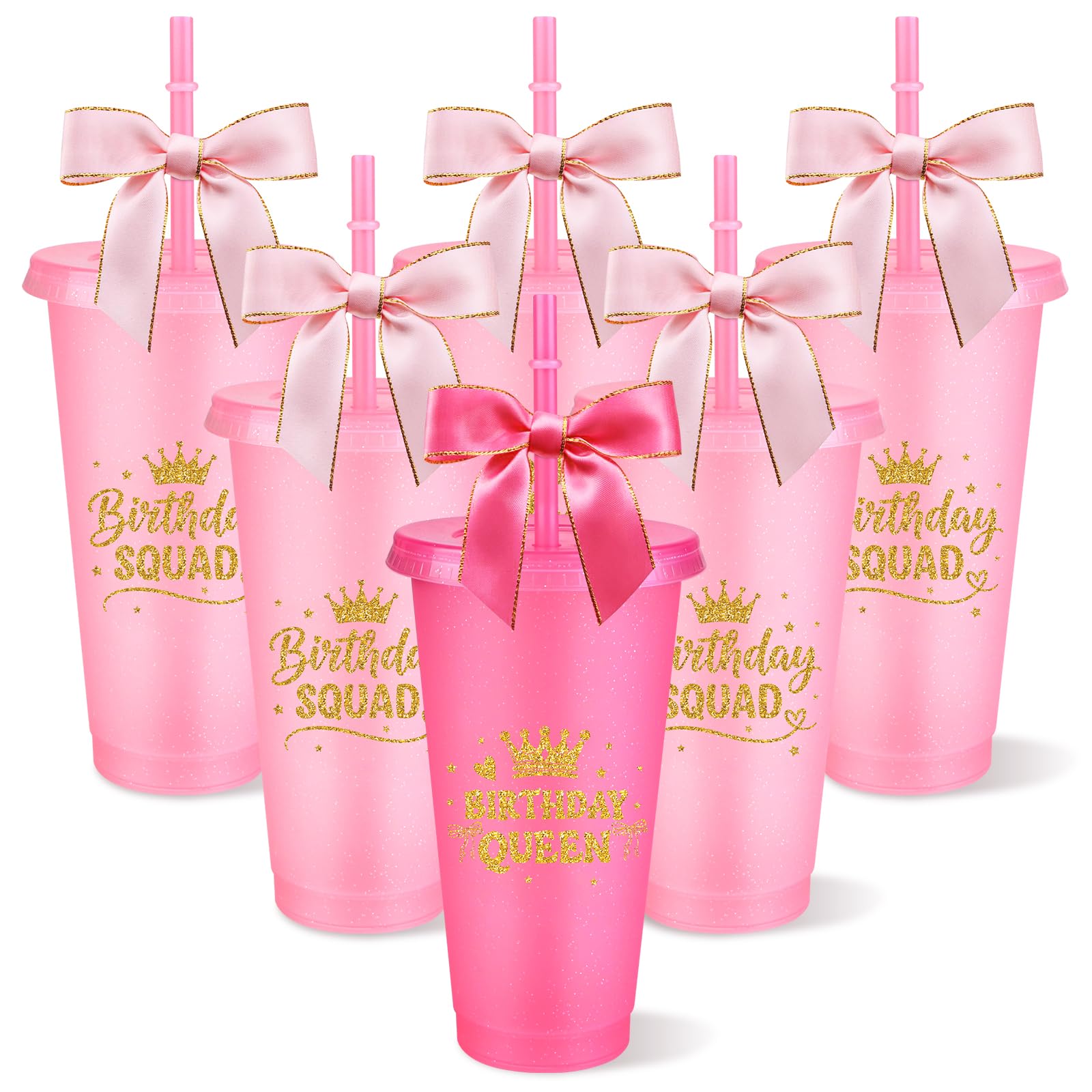 CNSJ 6 Pcs Birthday Party Queen & Squad Cups with Lid Reusable Straw, 24oz