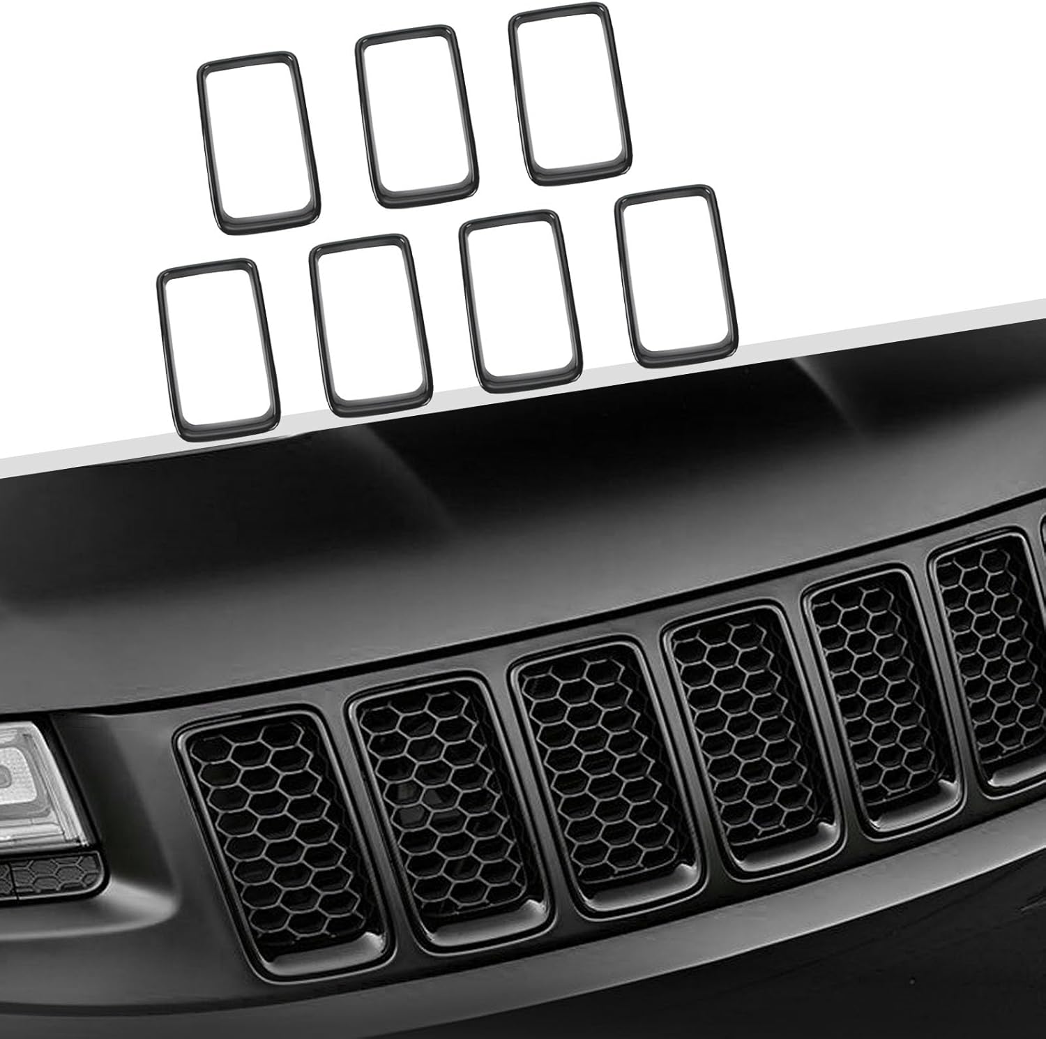 Jimen Compatible with Jeep Grand Cherokee 2014-2016, 7PCS Front Grill Inserts Grille Ring Cover Trim Kit (Black)
