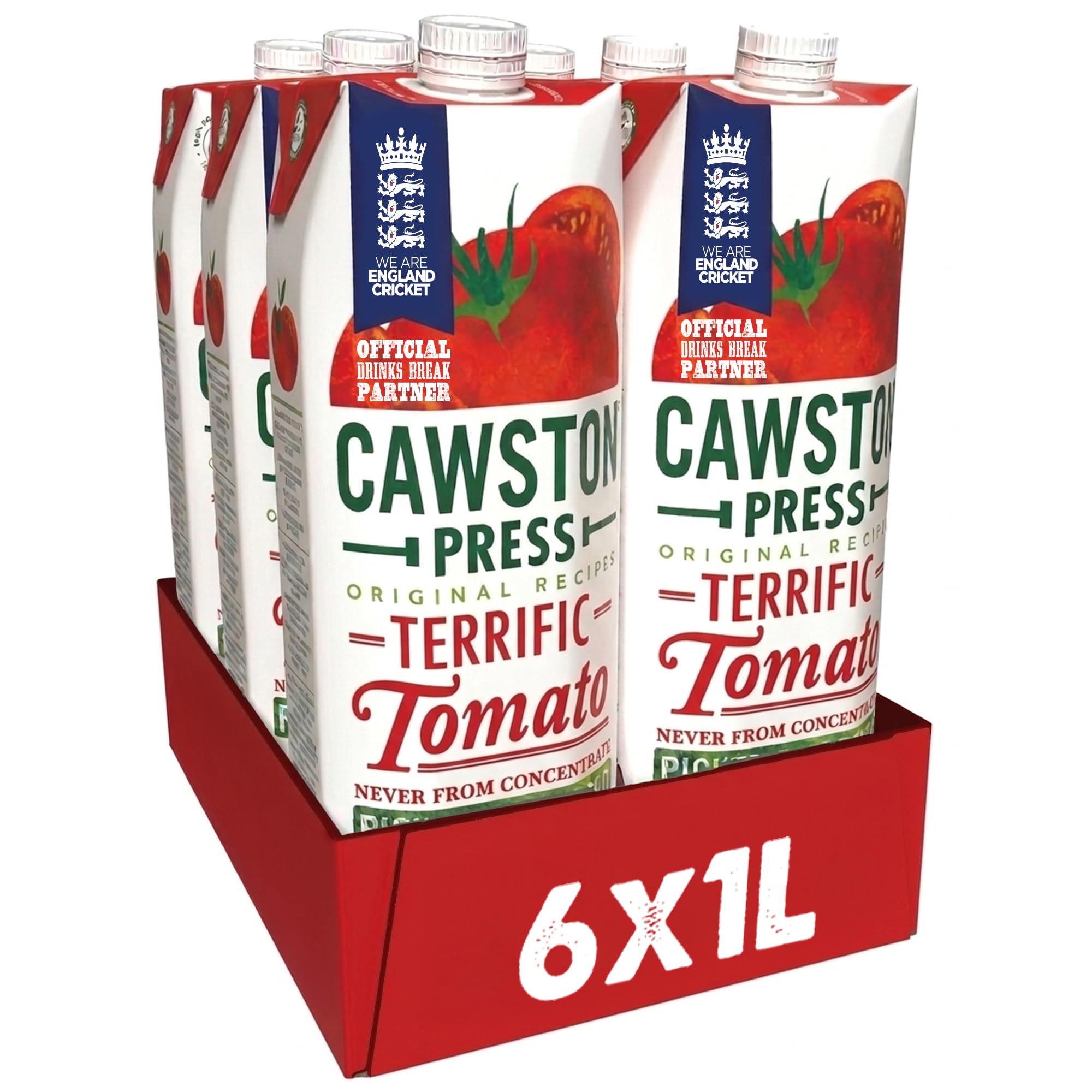 Cawston Press Tomato Pressed Juice - 1 Litre Pack of Juice Cartons All Natural – Vegan – No Added Sugar - Blended with a Squeeze of Lemon (Pack of 6)