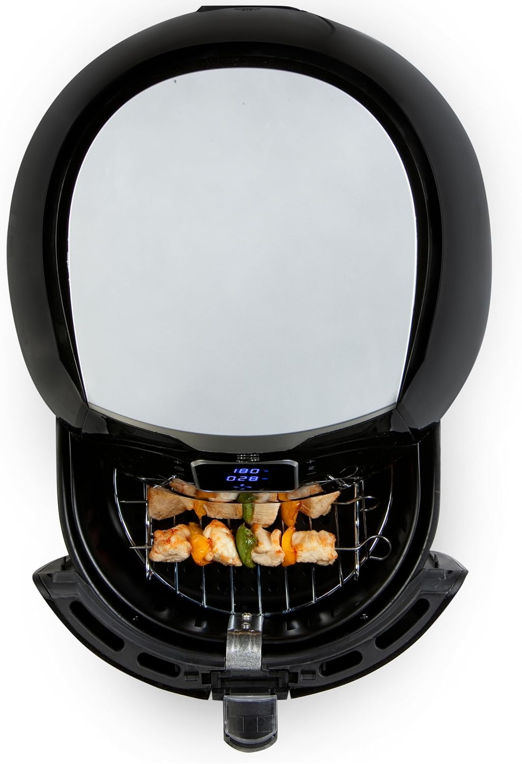 Top-down view of Domo Deli-Fryer XXL basket with grill rack and skewers