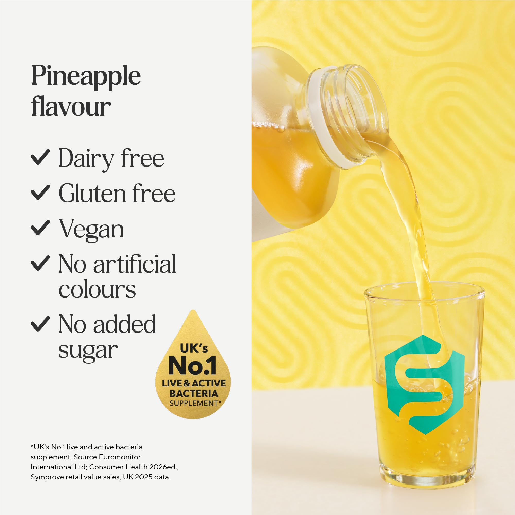 Symprove Suplemento de salud intestinal de piña, 4 bebidas probióticas de 500 ml con bacterias vivas y activas, vegano, sin lácteos, fórmula a base de agua, apoyo digestivo diario