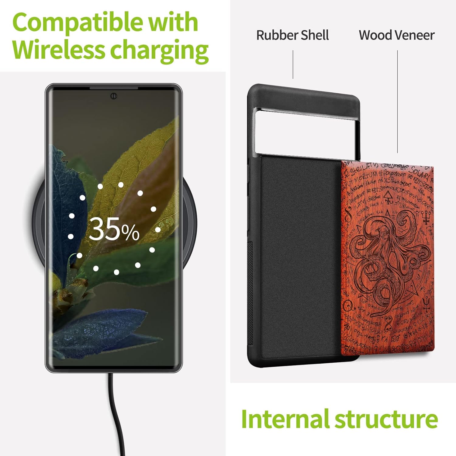 Carveit Wood Case for Pixel 7 Pro Case [Natural Wood & Black Soft TPU] Shockproof Protective Unique & Classy Wooden Cover Compatible with Google Pixel 7 Pro (Octopus-Rosy)
